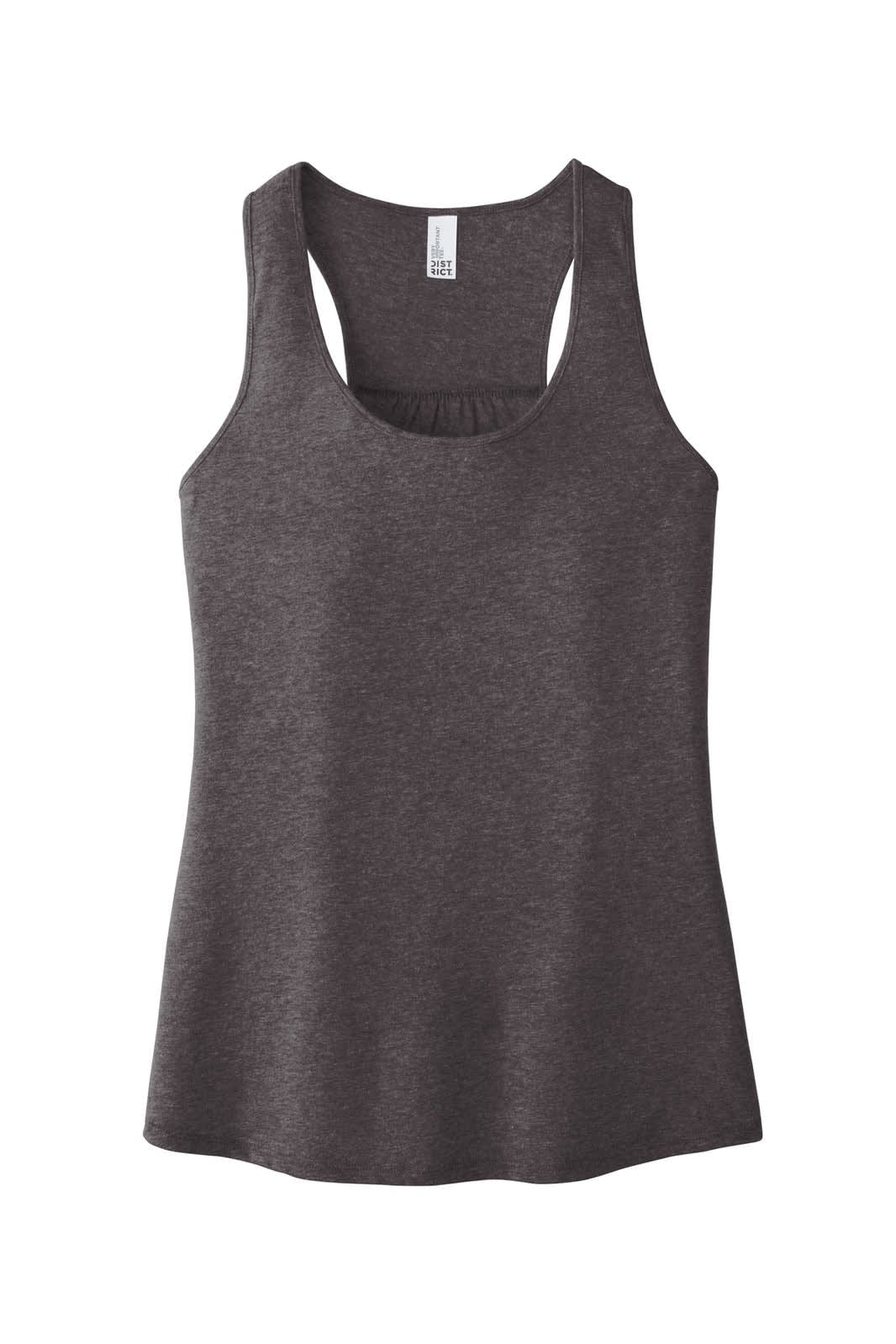 A grey gathered back tank top with a scoop neckline and a logo. Suitable for women's casual wear.