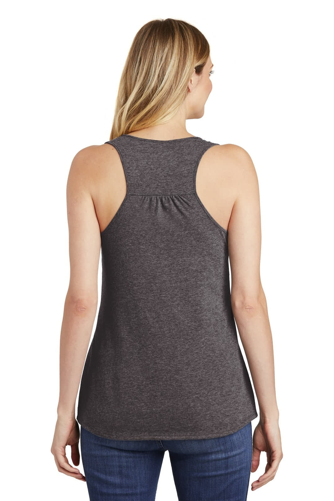 A gathered back tank top in dark grey, featuring a logo, with a relaxed fit and racerback style.
