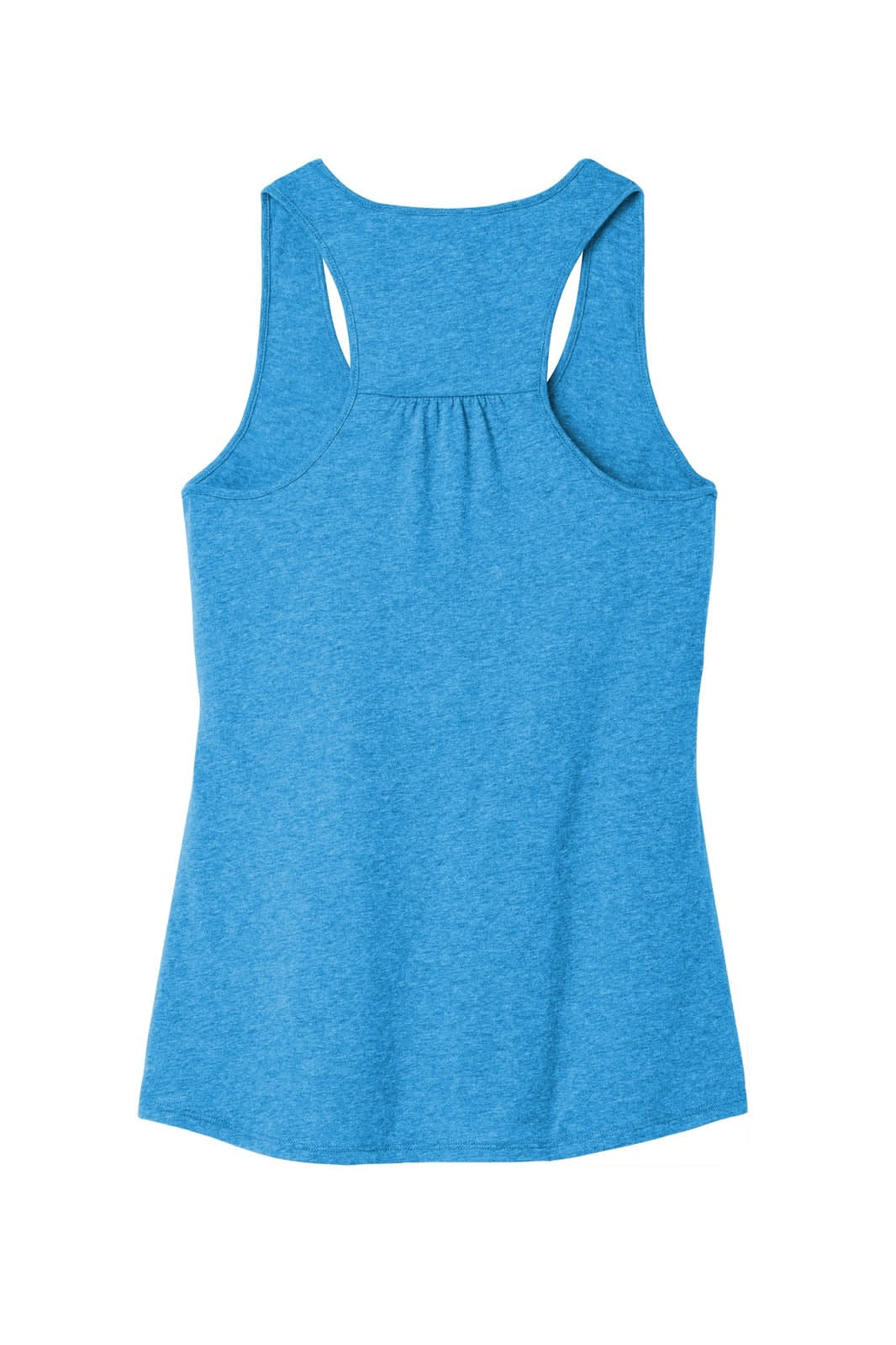A blue gathered back tank top featuring a racerback design and a logo on the fabric.
