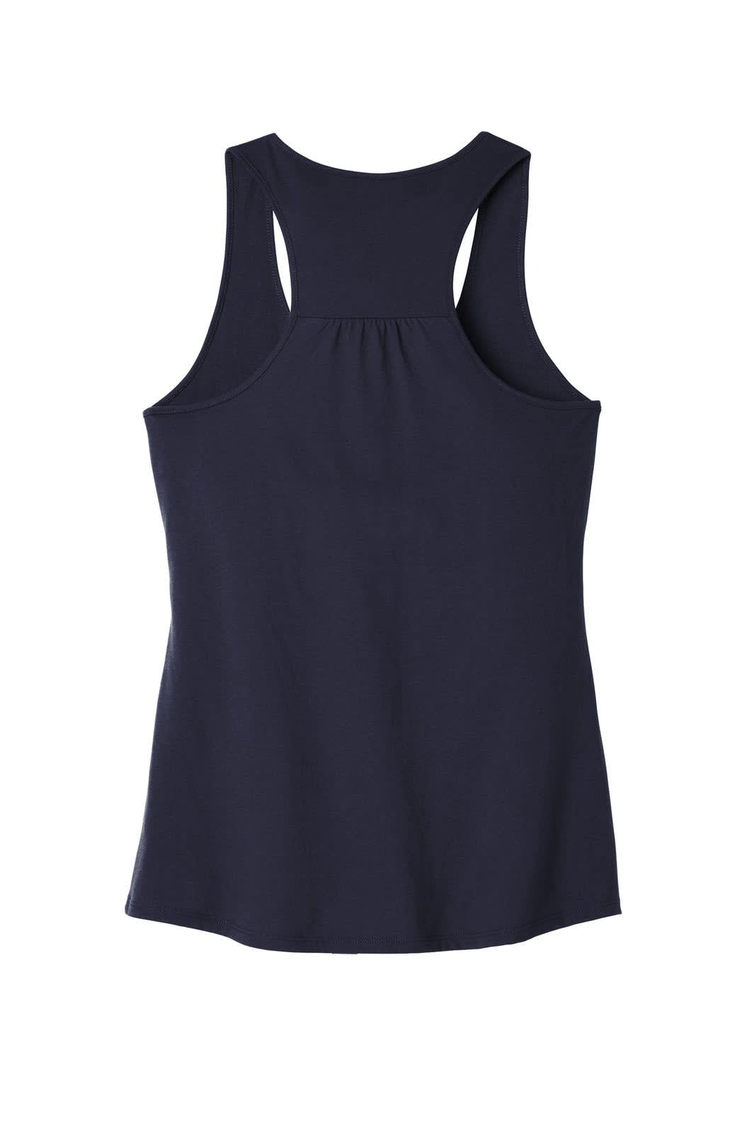 A navy blue women's tank top with a gathered back and a racerback design. It includes a branded logo.