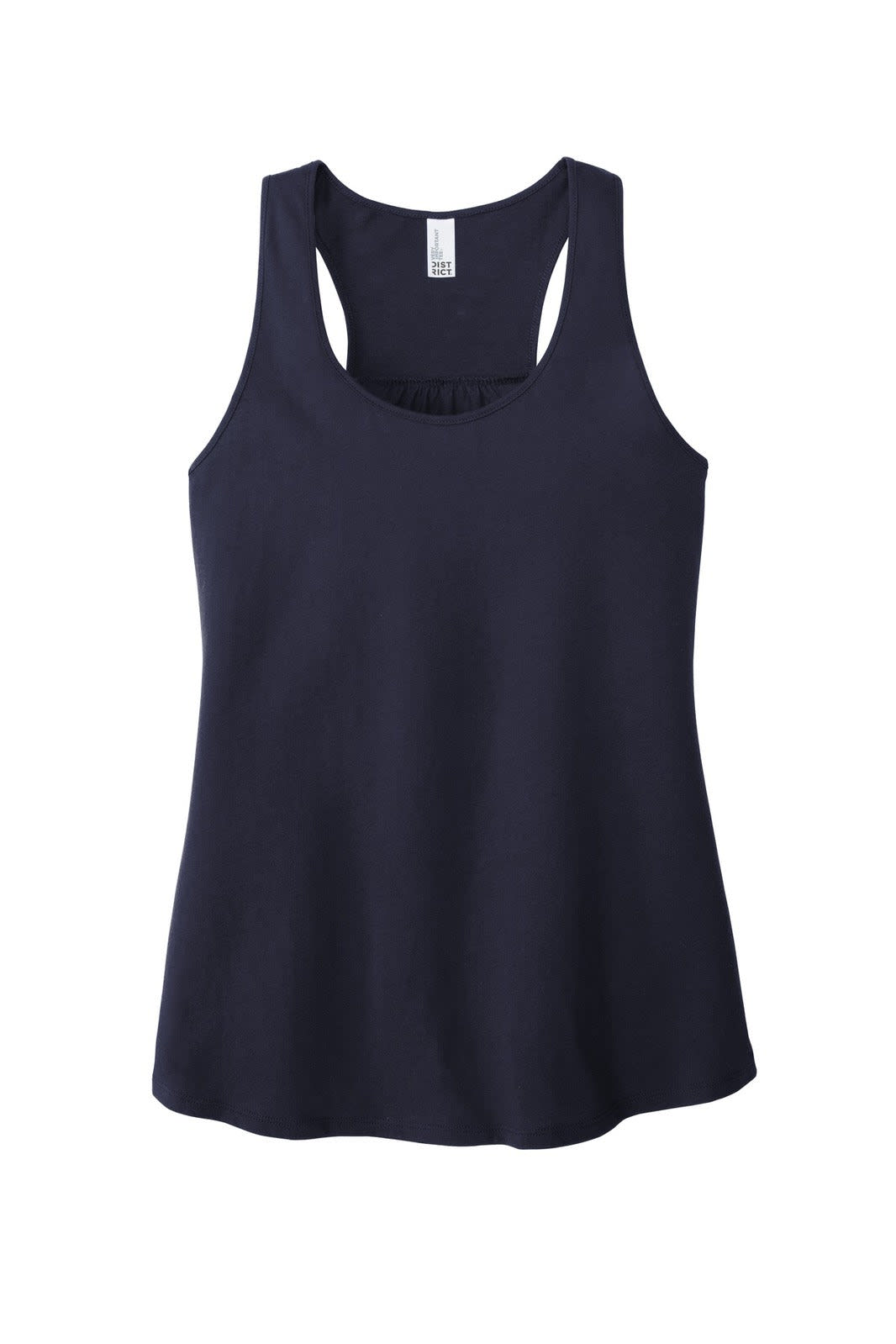 Navy blue women's tank top with a gathered back design and a logo on the label.