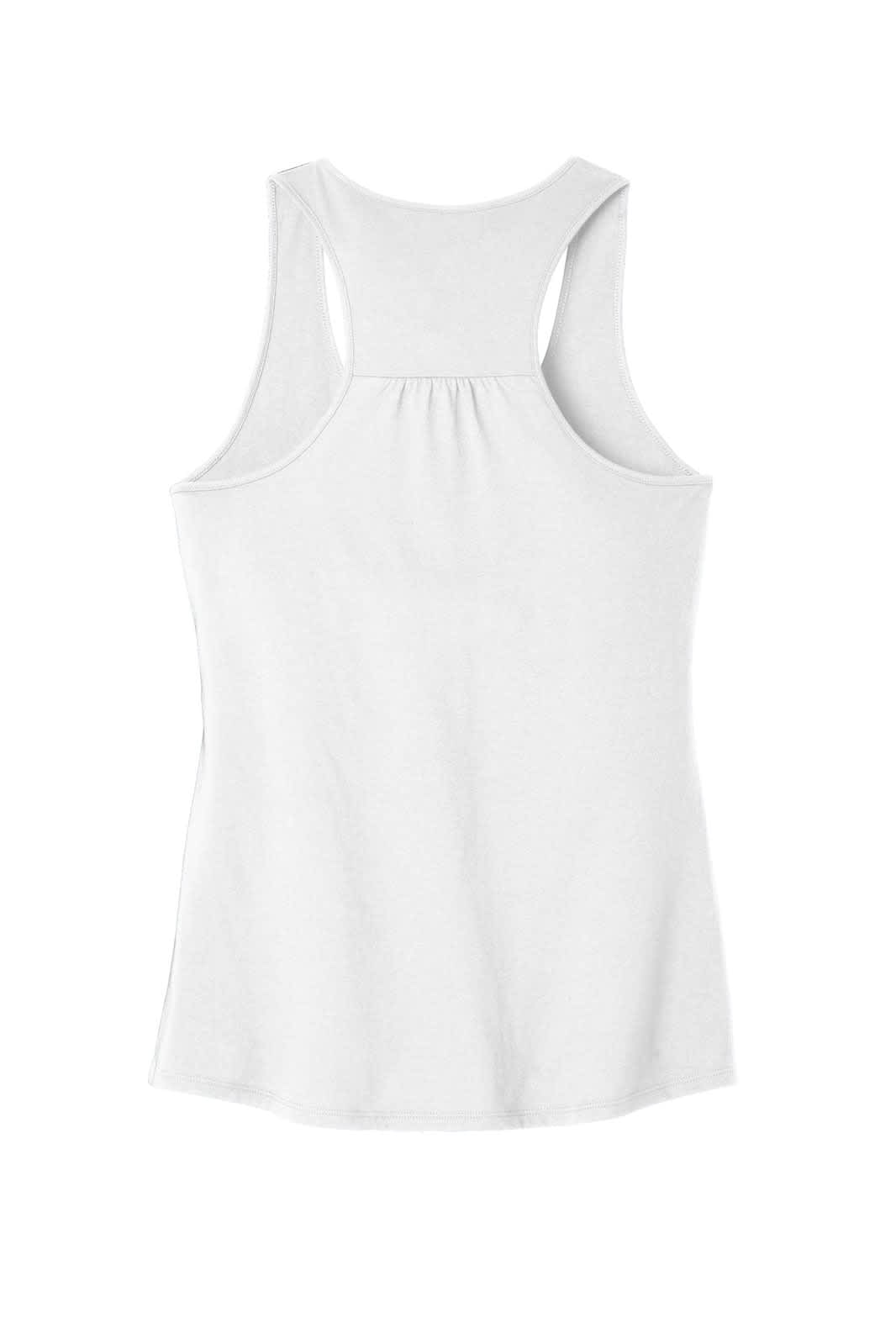 A white women's tank top with a gathered back design, featuring a logo.