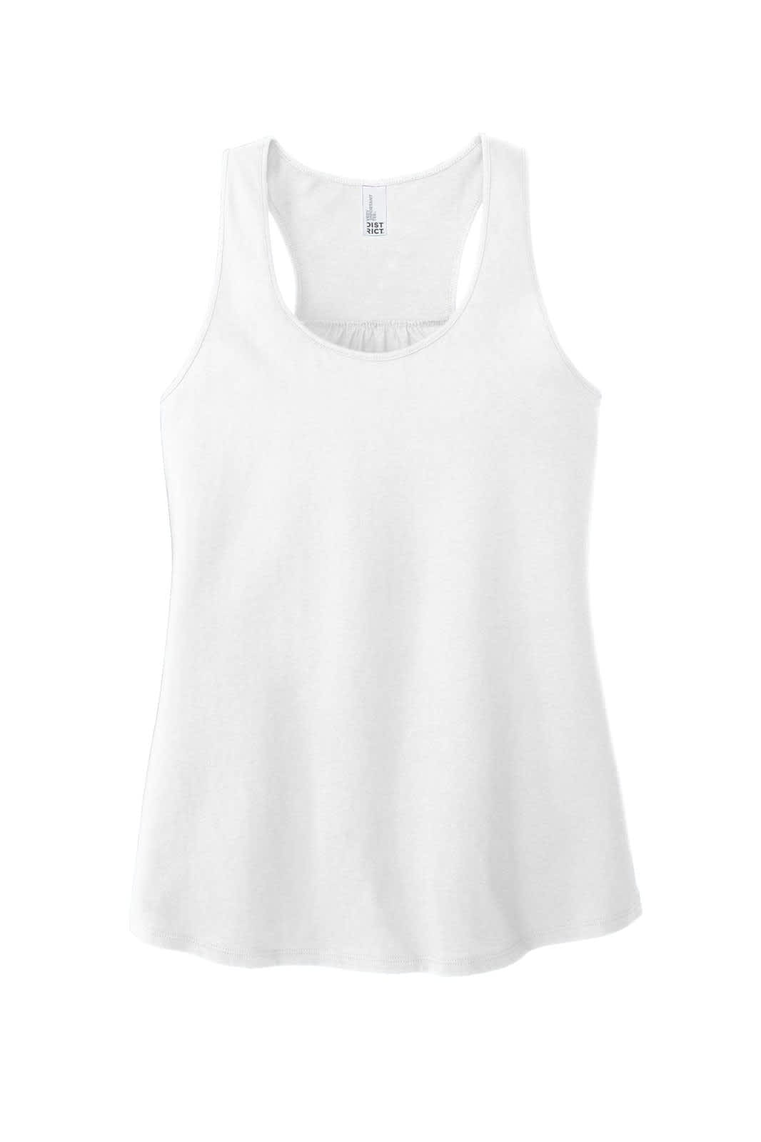 A white women's tank top featuring a gathered back design and a branding logo.