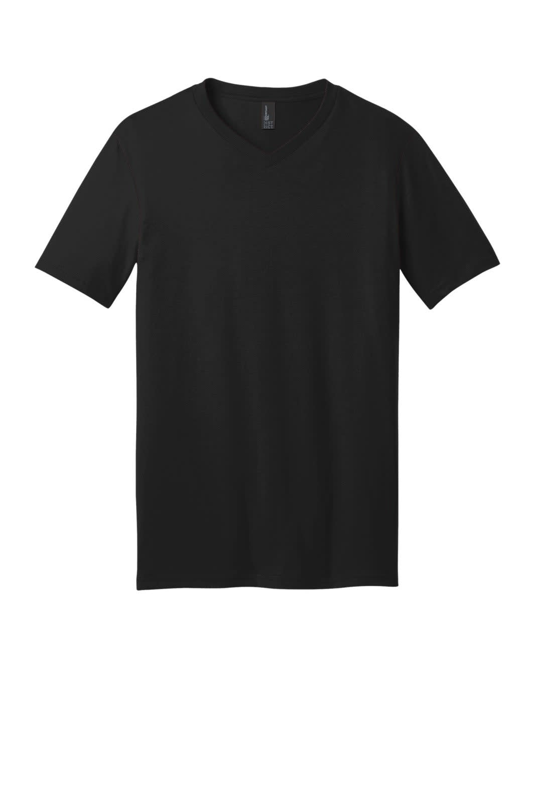 A black v-neck t-shirt for young men, featuring short sleeves and a simple design. It has a brand logo.