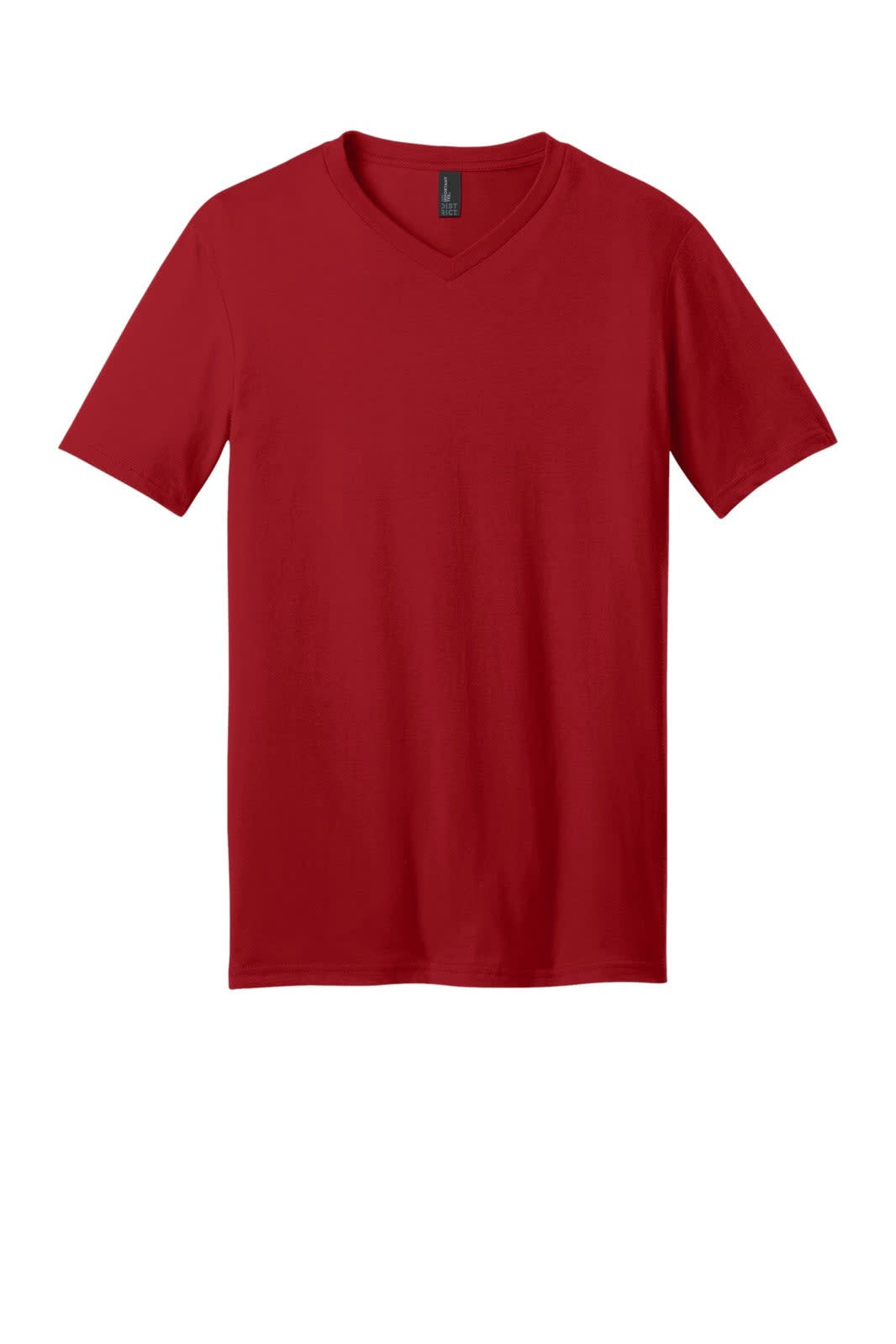 A red v-neck t-shirt with short sleeves and a simple design, featuring a brand logo.