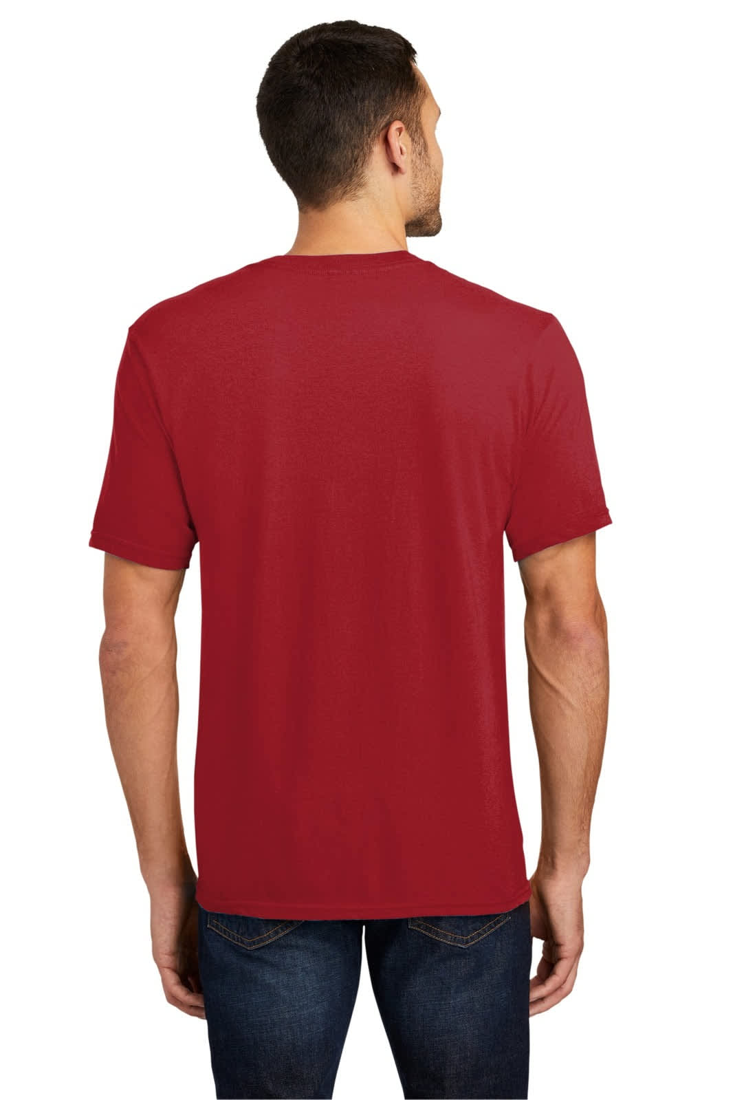 A red v-neck t-shirt designed for young men, displayed from the back, featuring a logo.