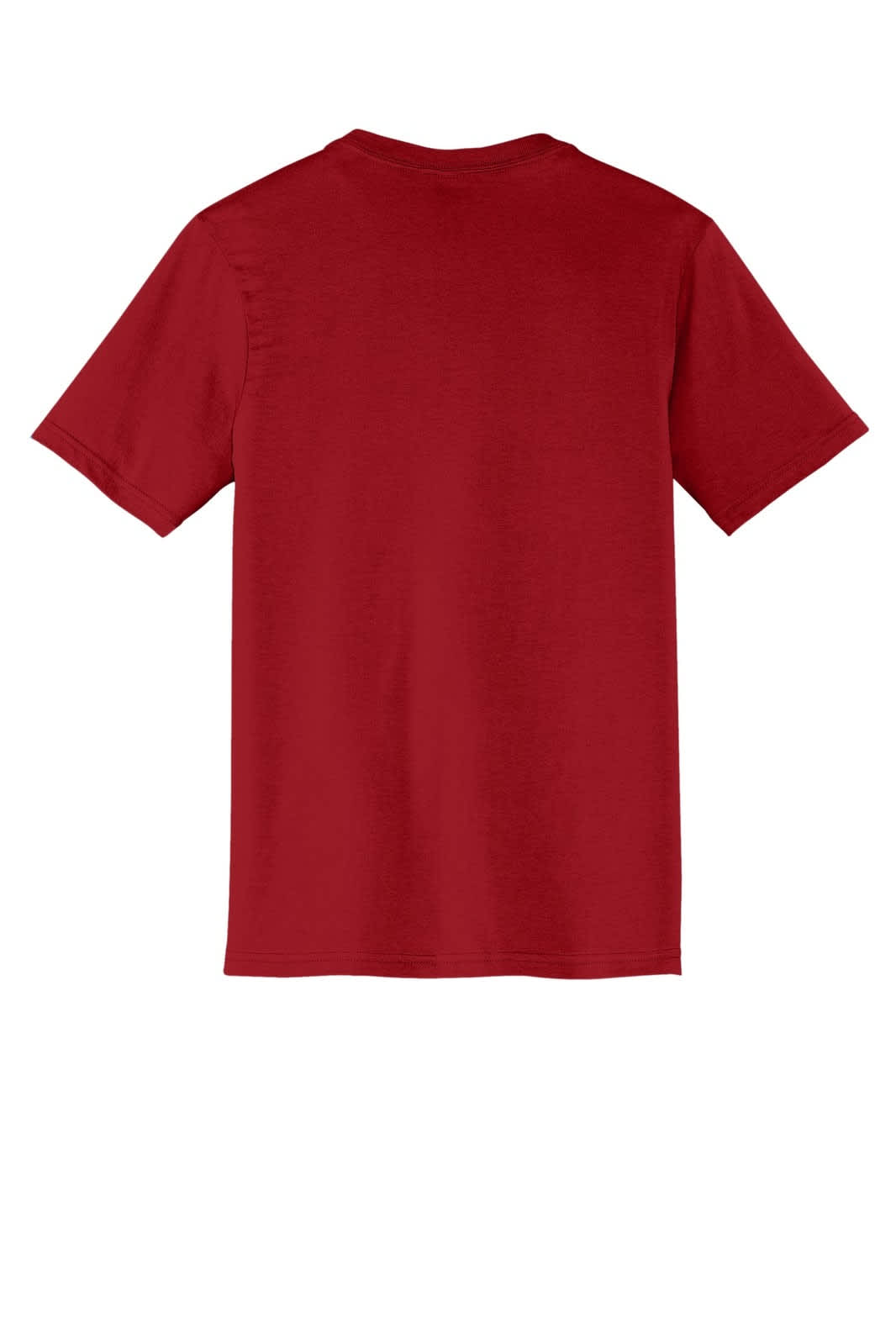 A red v-neck t-shirt with short sleeves, featuring a logo on the back.