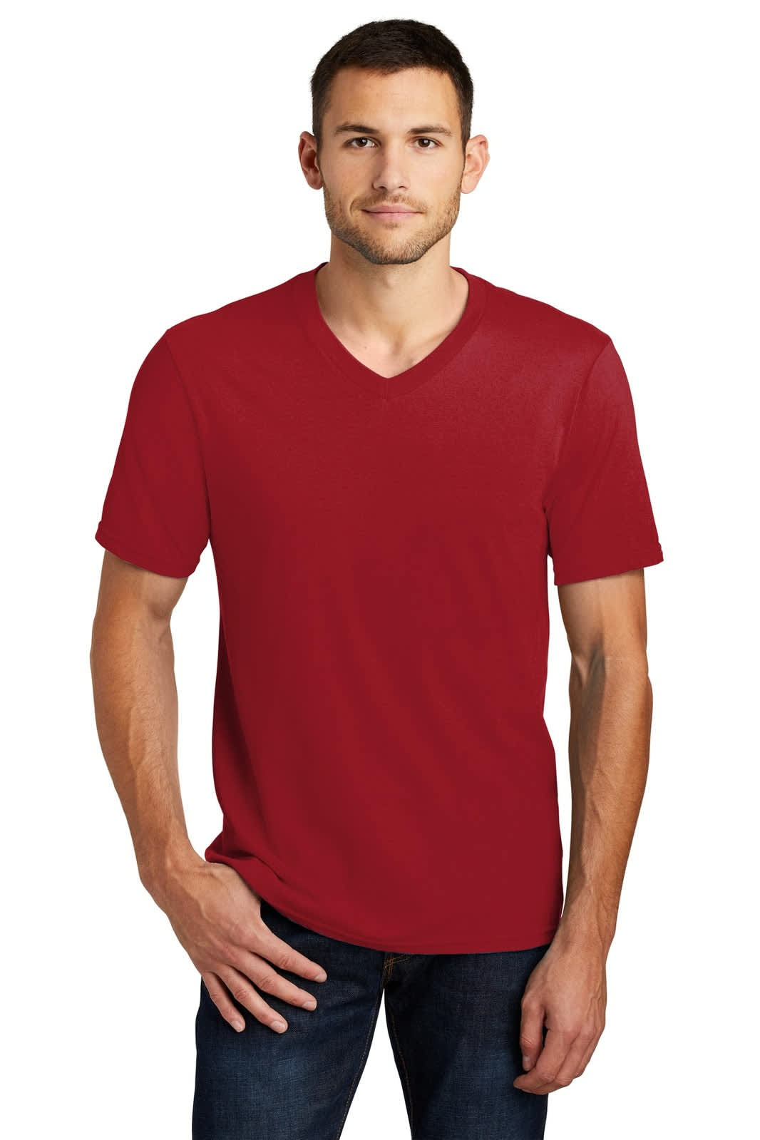 A young man wearing a red v-neck t-shirt, featuring a simple design and short sleeves.