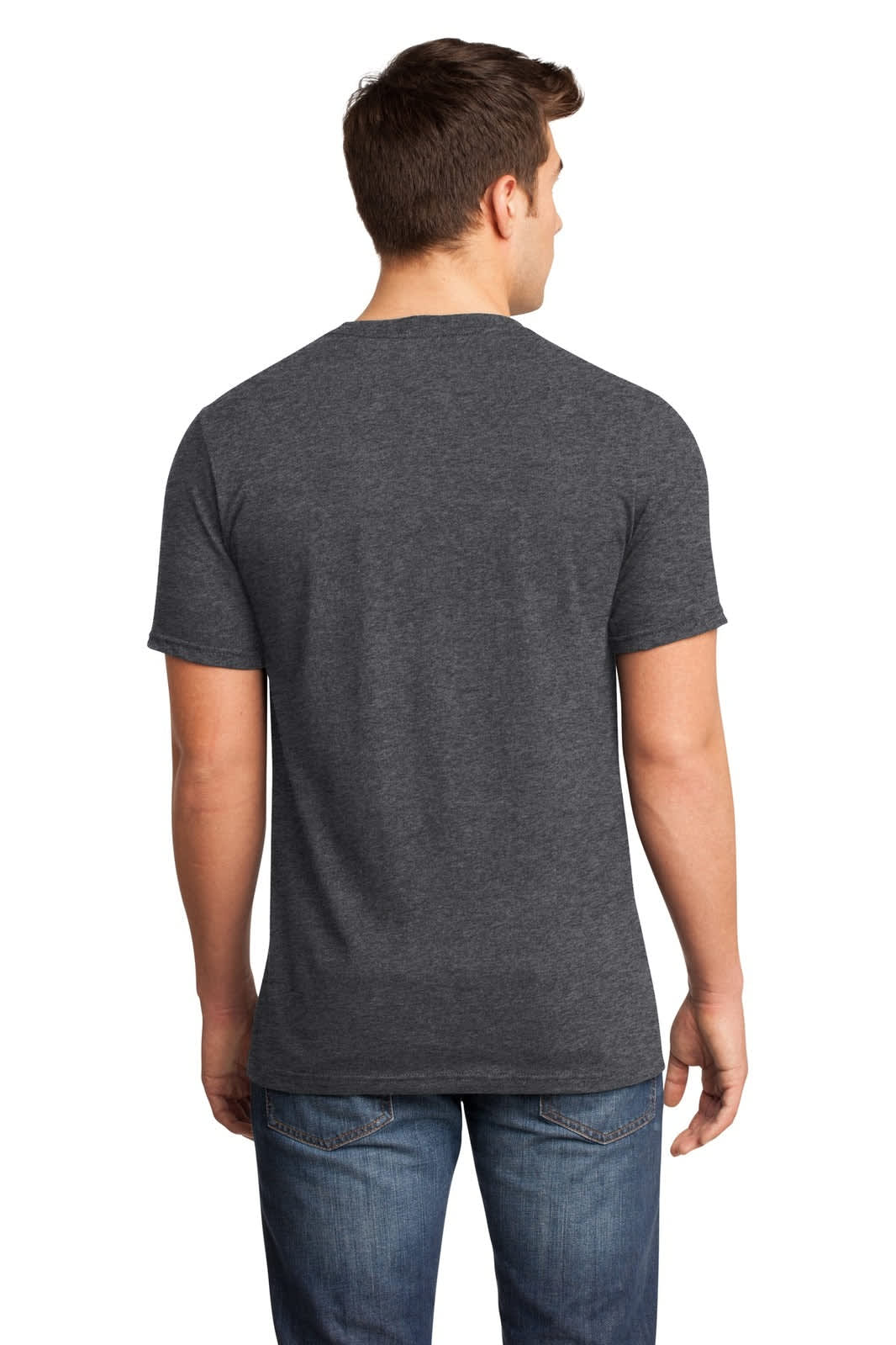 A young man wearing a dark grey V-neck T-shirt, viewed from the back, paired with blue jeans. The shirt has a logo.