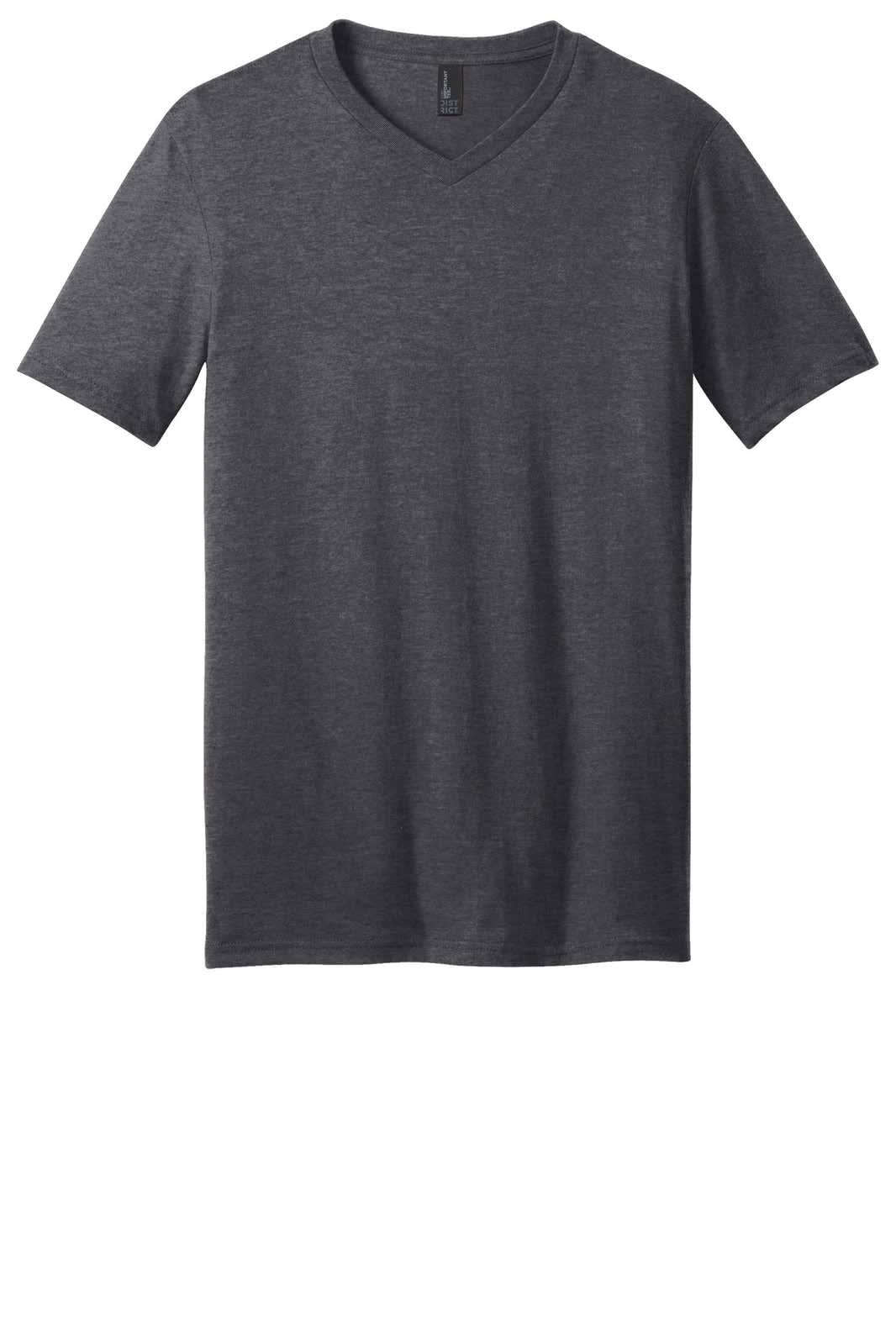A dark grey v-neck t-shirt with short sleeves and a logo. Simple design with a relaxed fit.