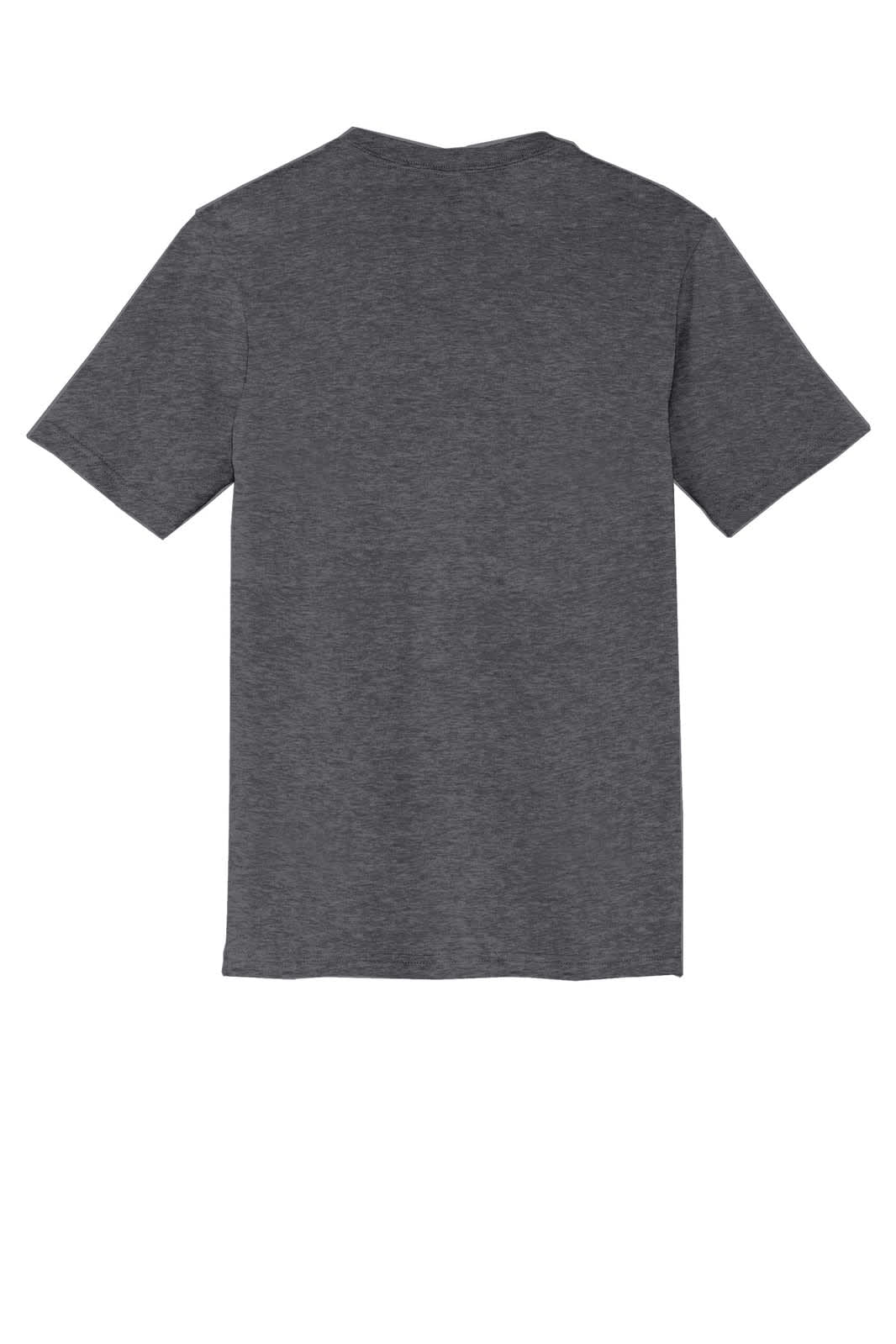 A grey v-neck t-shirt with short sleeves and a standard fit, featuring a logo on the back.