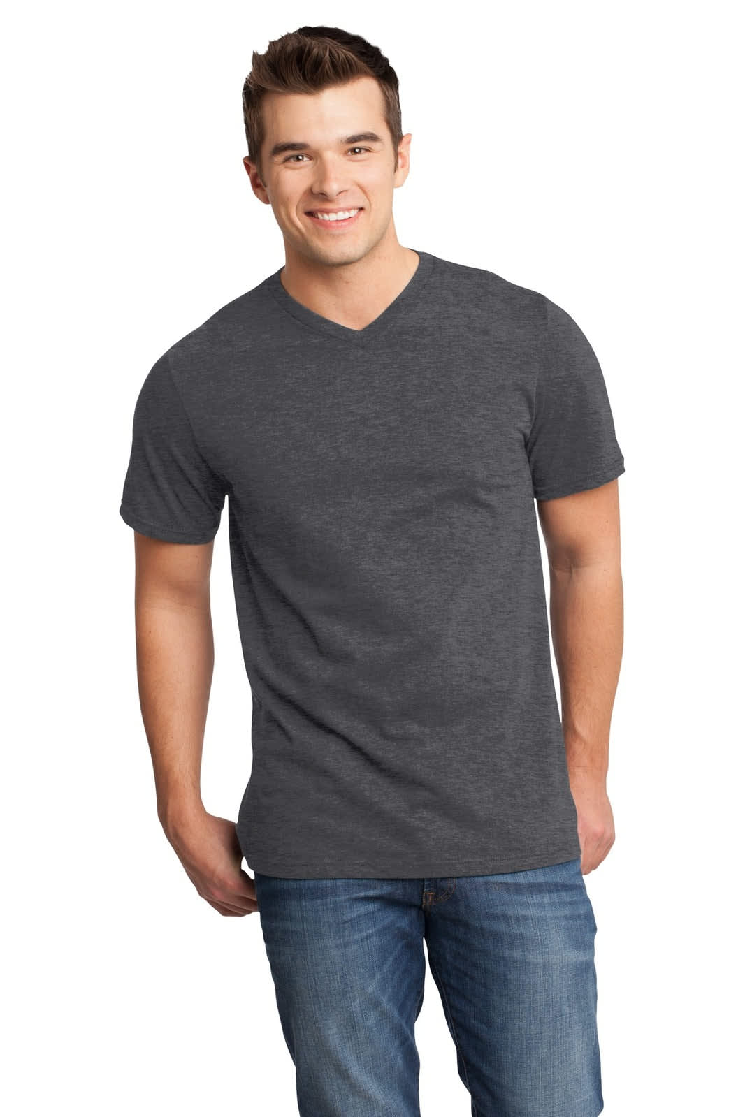 A young man wearing a charcoal grey v-neck t-shirt, paired with denim jeans. The shirt has a logo.