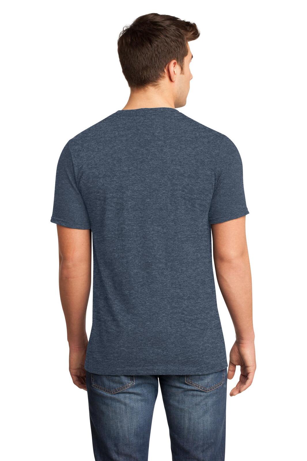 A young man wearing a blue V-neck t-shirt, viewed from the back, paired with jeans. The shirt features branding.