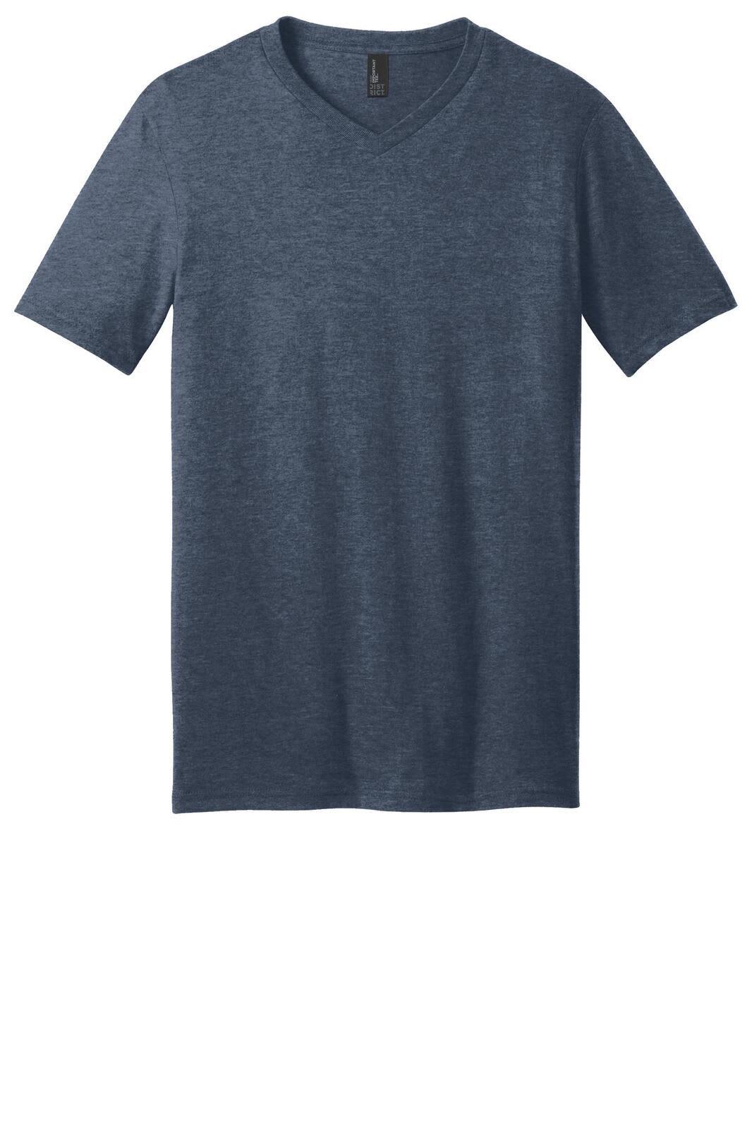 A navy blue v-neck t-shirt designed for young men, featuring short sleeves and a simple logo.