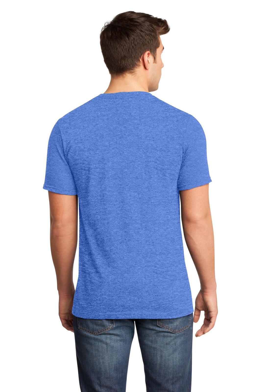 A blue, short-sleeved v-neck t-shirt made from soft fabric, displayed on a male model from the back.