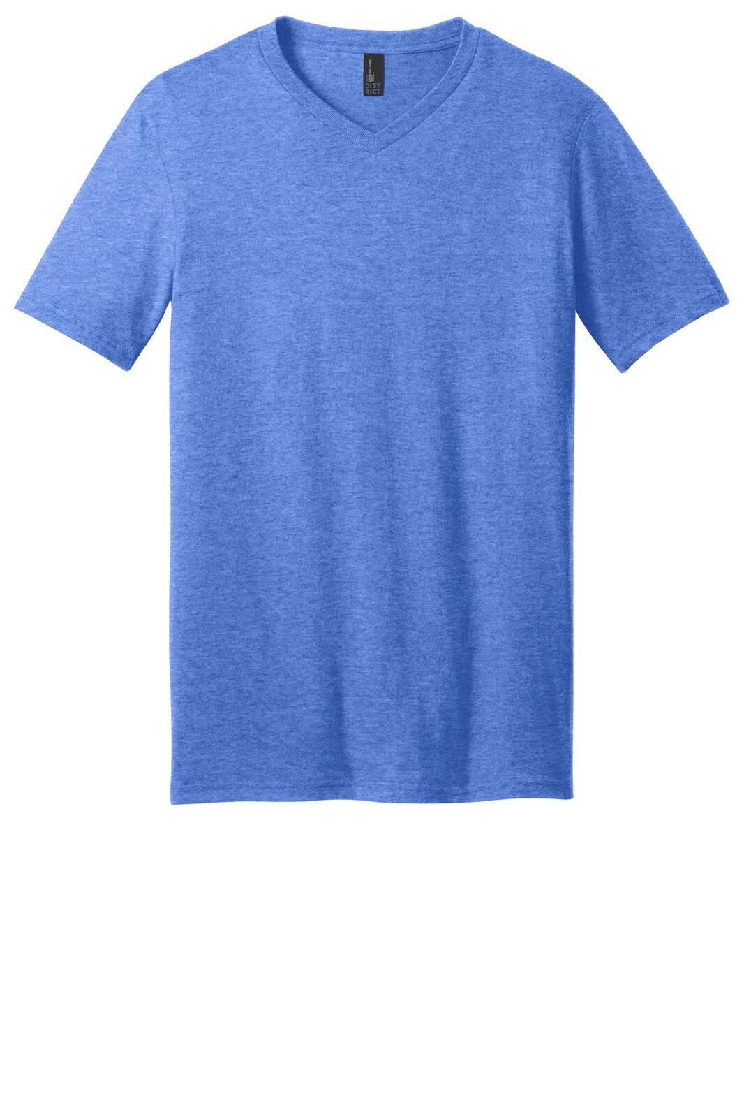 A blue v-neck t-shirt with short sleeves. The shirt has a tag and features a logo.