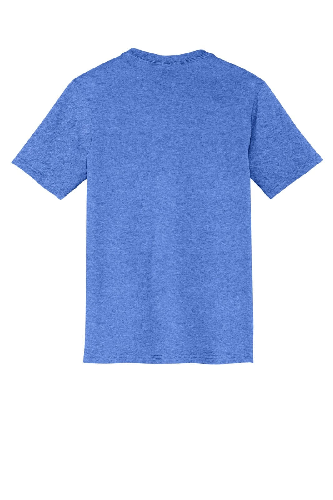 A blue v-neck t-shirt with short sleeves and a plain back, featuring a logo.