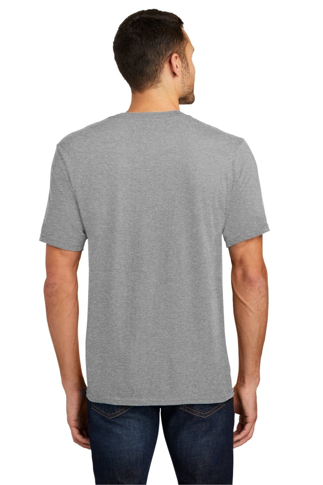 A grey V-neck t-shirt for young men, featuring a simple design and a logo on the back.