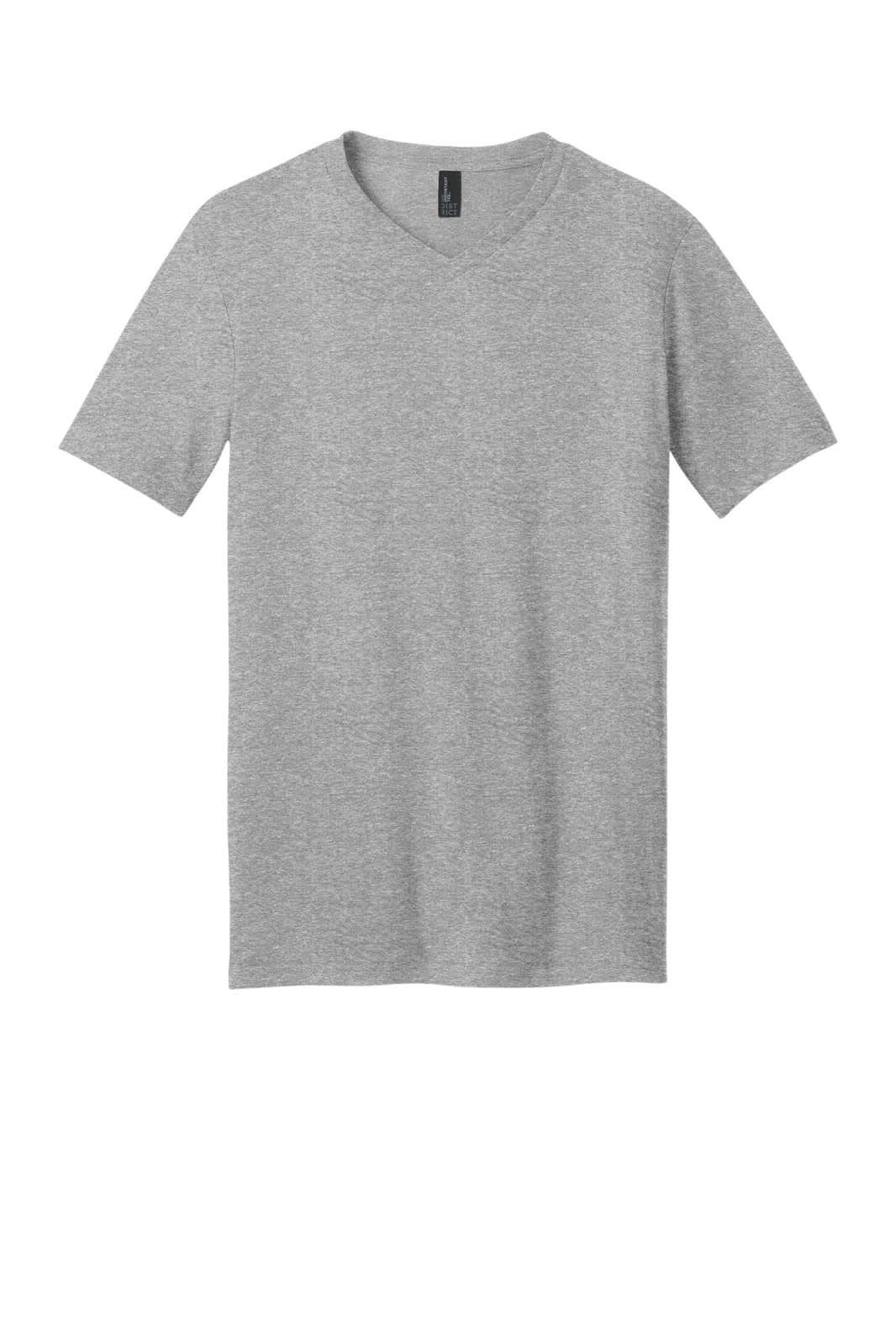 A grey V-neck T-shirt with short sleeves, featuring a logo at the neckline.