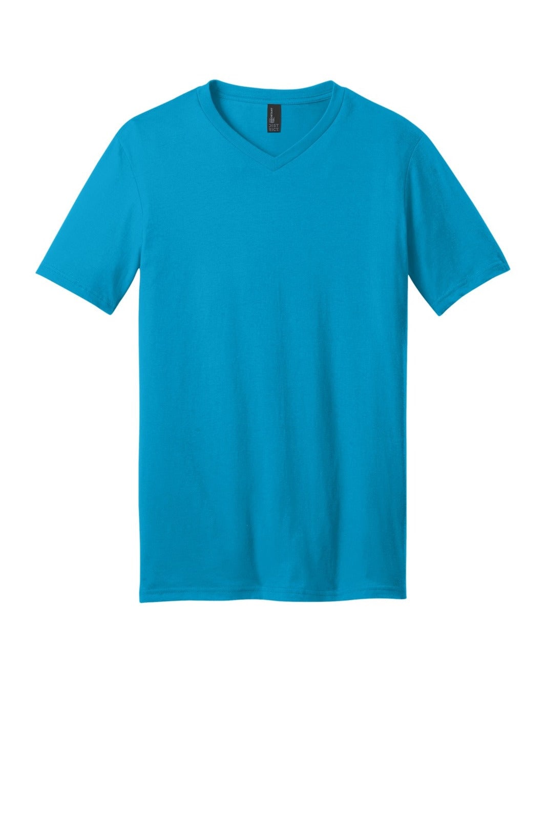 A turquoise v-neck t-shirt designed for young men, featuring a simple, solid colour and short sleeves.