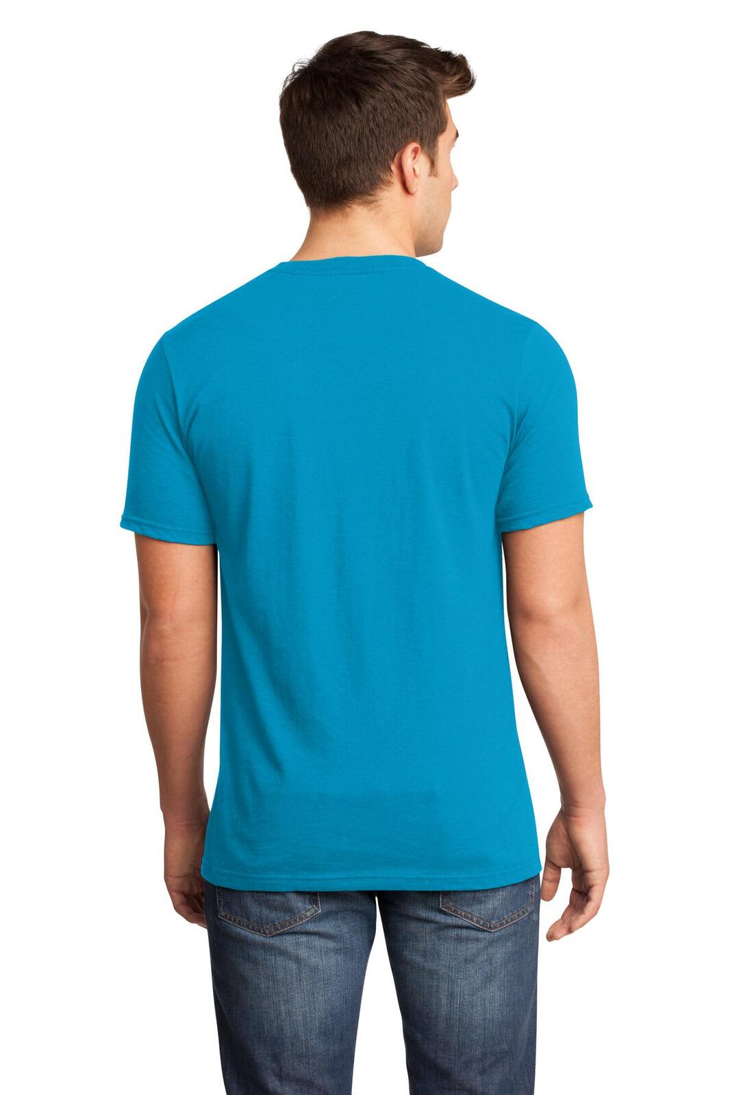 A young man wearing a bright blue V-neck t-shirt, viewed from the back, with denim jeans. The shirt features a logo.