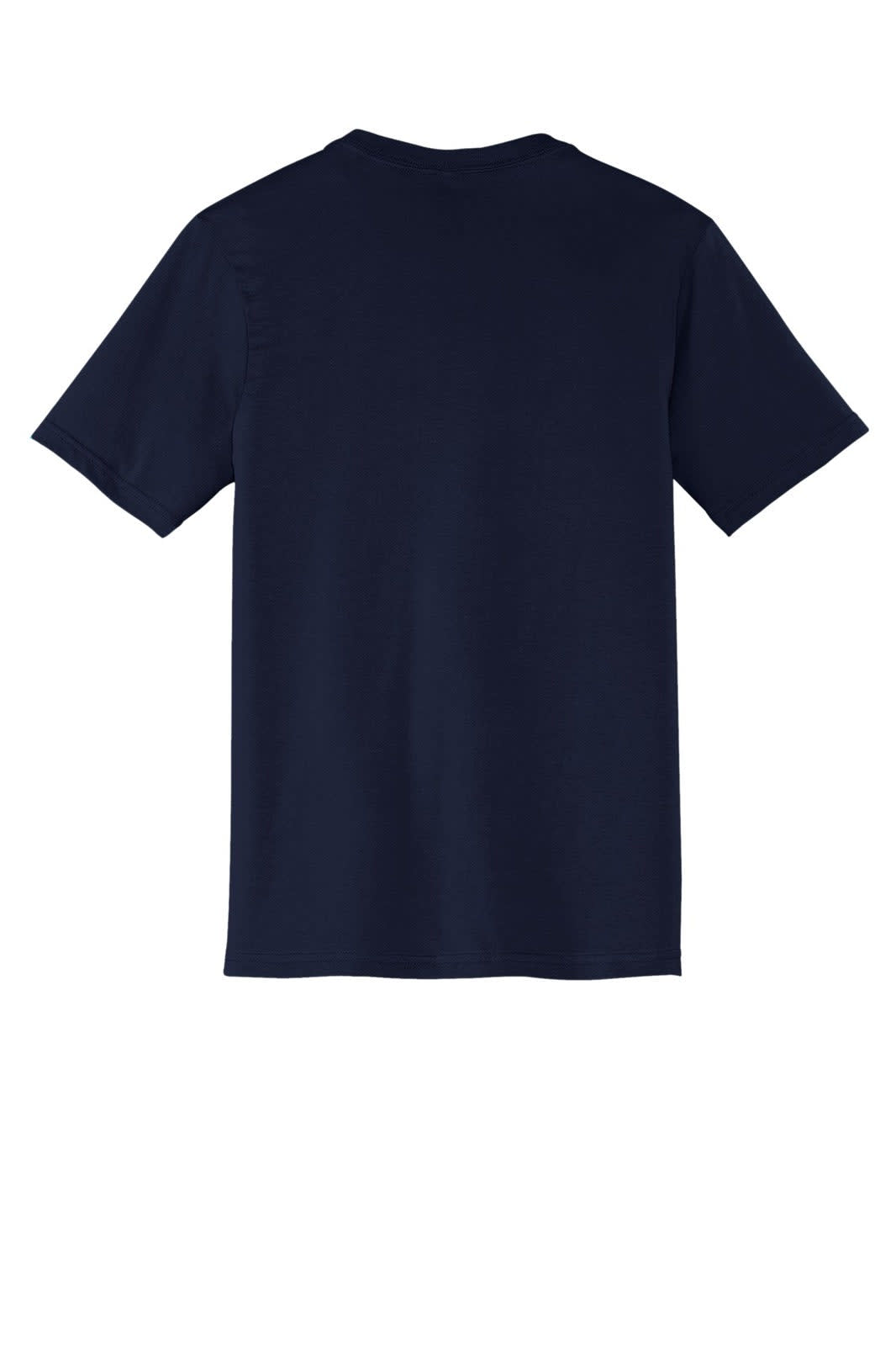 A navy blue v-neck t-shirt featuring a plain back design and a brand logo.