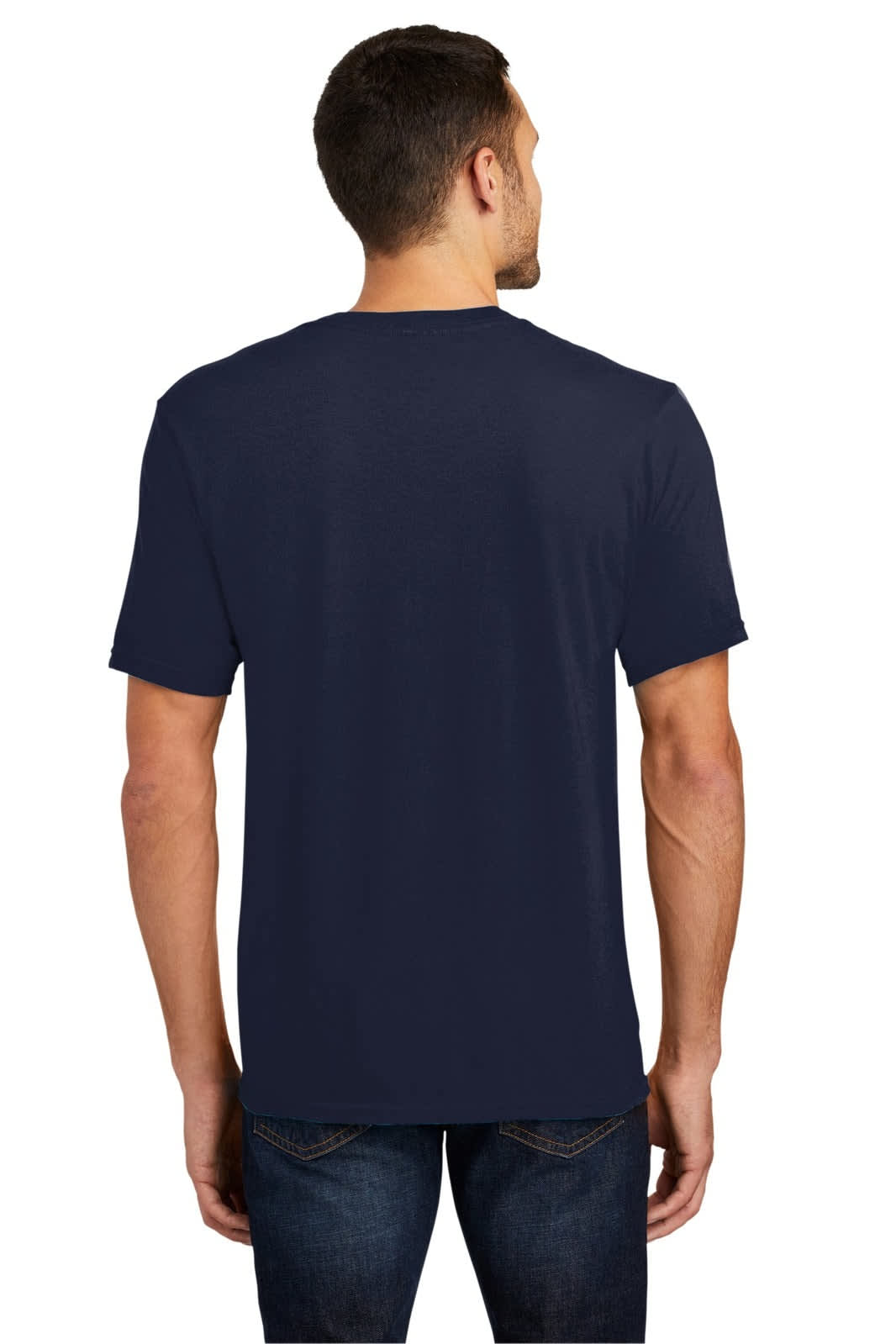 A navy blue V-neck T-shirt for young men, featuring a plain back design and casual fit. It includes a logo.