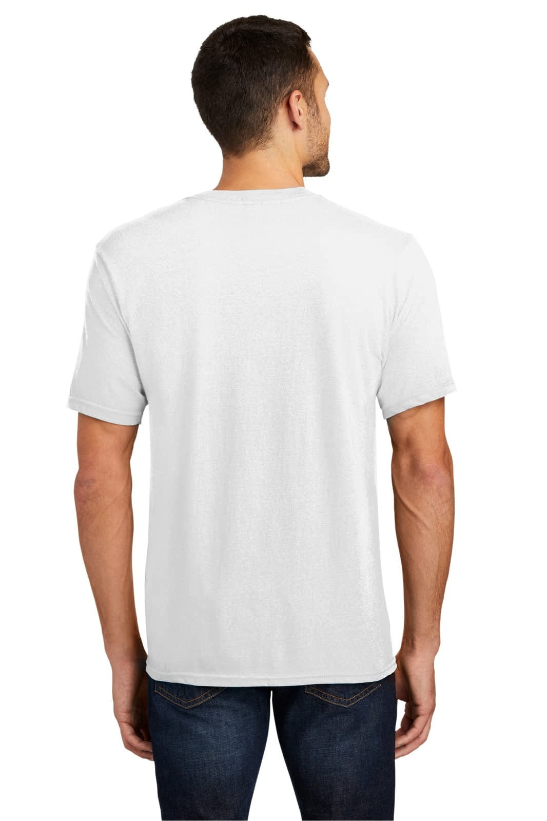A man wearing a grey V-neck T-shirt, viewed from the back, with jeans and a visible logo on the shirt.