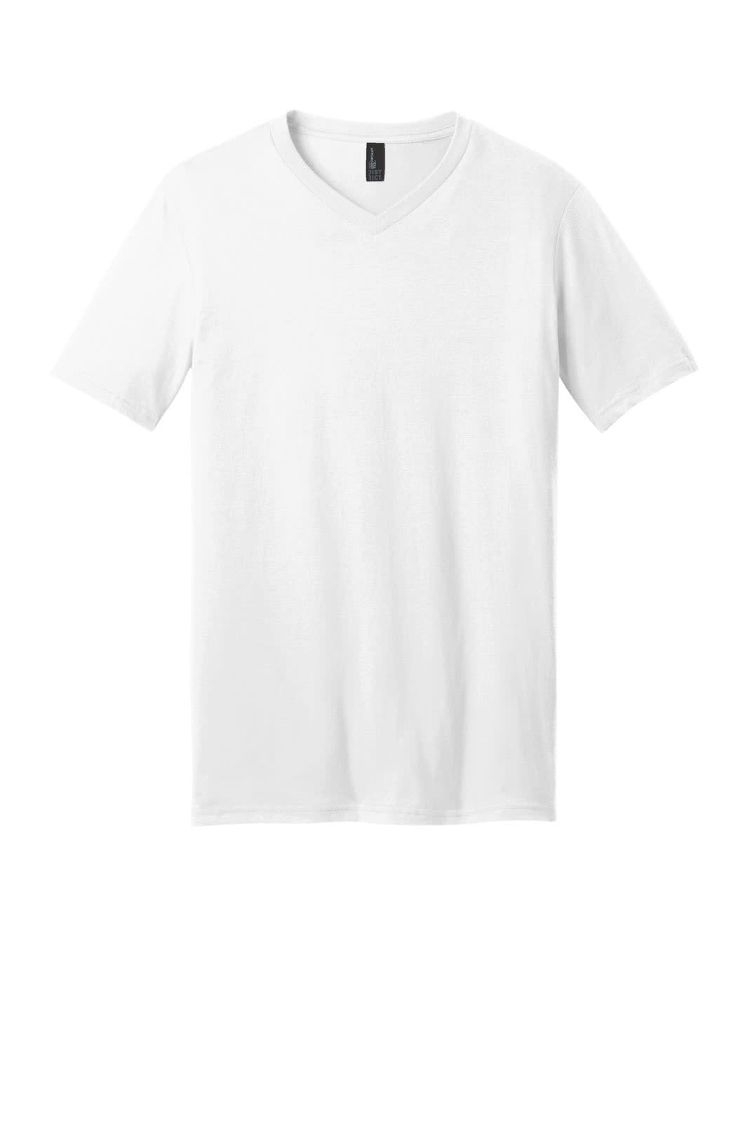 A white v-neck t-shirt featuring short sleeves and a logo on the tag. Suitable for casual wear.