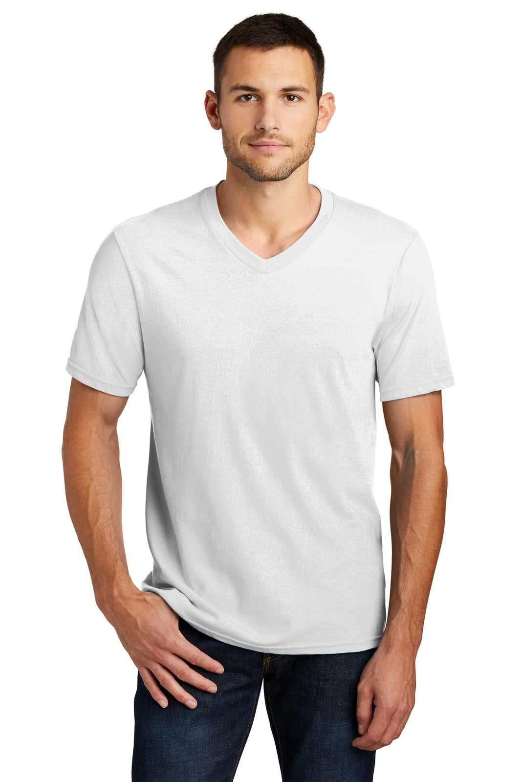 A light grey V-neck t-shirt for young men, featuring short sleeves and a fitted design with a logo.