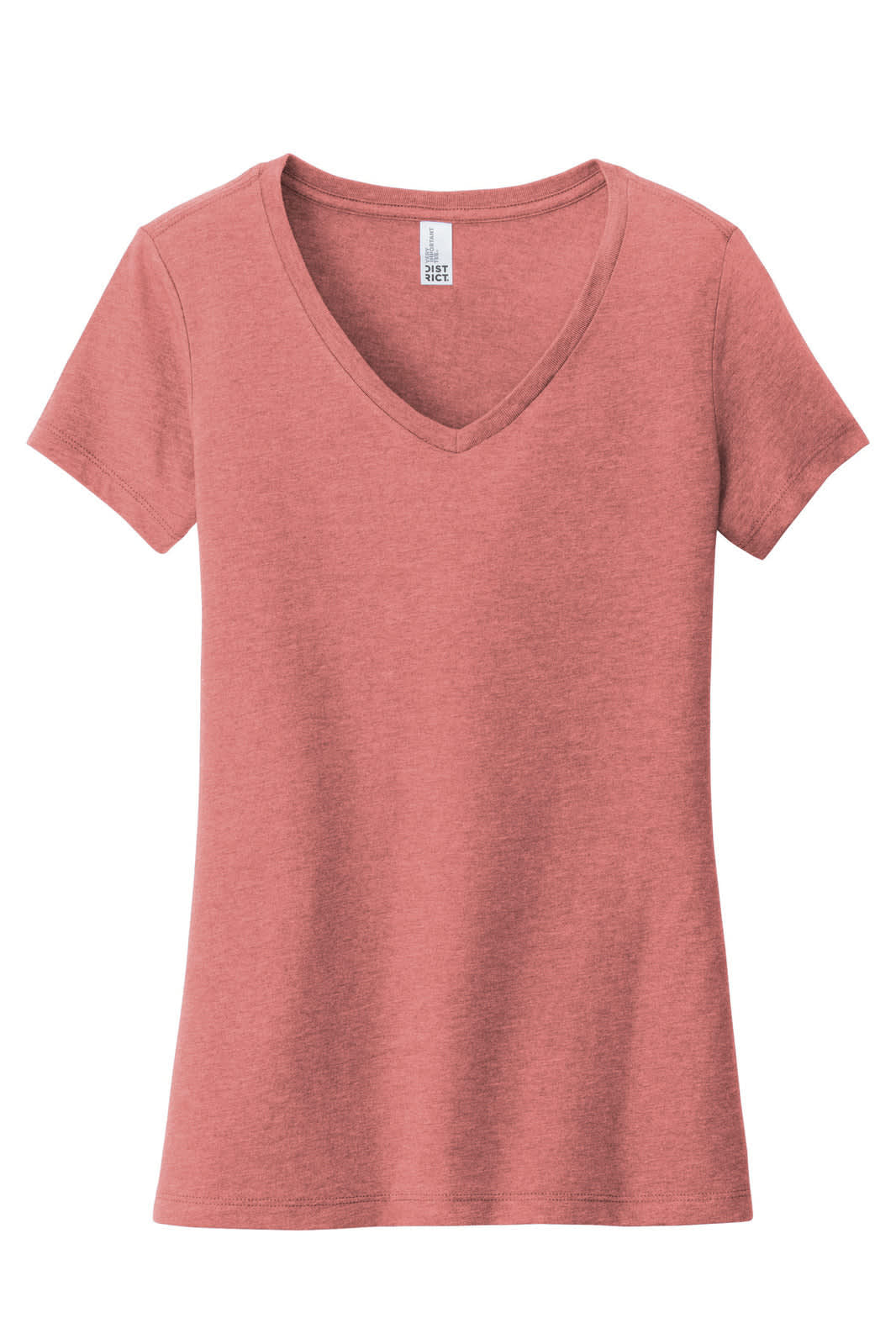 A soft, coral pink women's V-neck t-shirt with short sleeves and a logo on the tag.