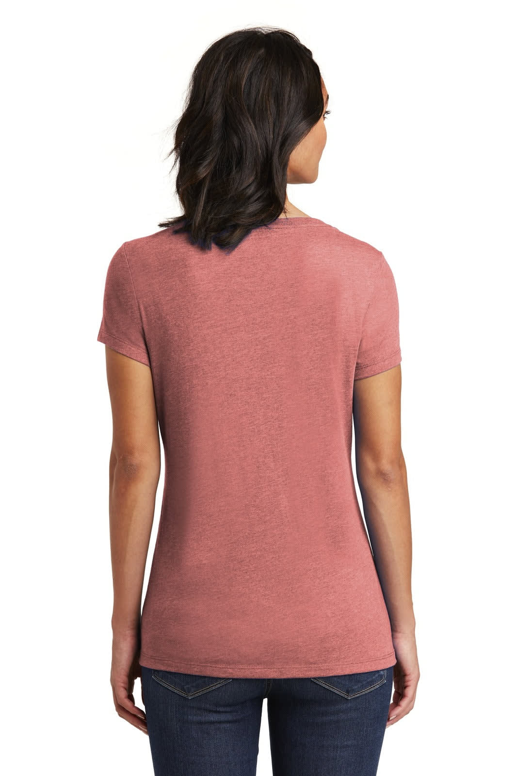 A back view of a women's v-neck t-shirt in a muted pink colour, featuring a fitted design and a branding logo.
