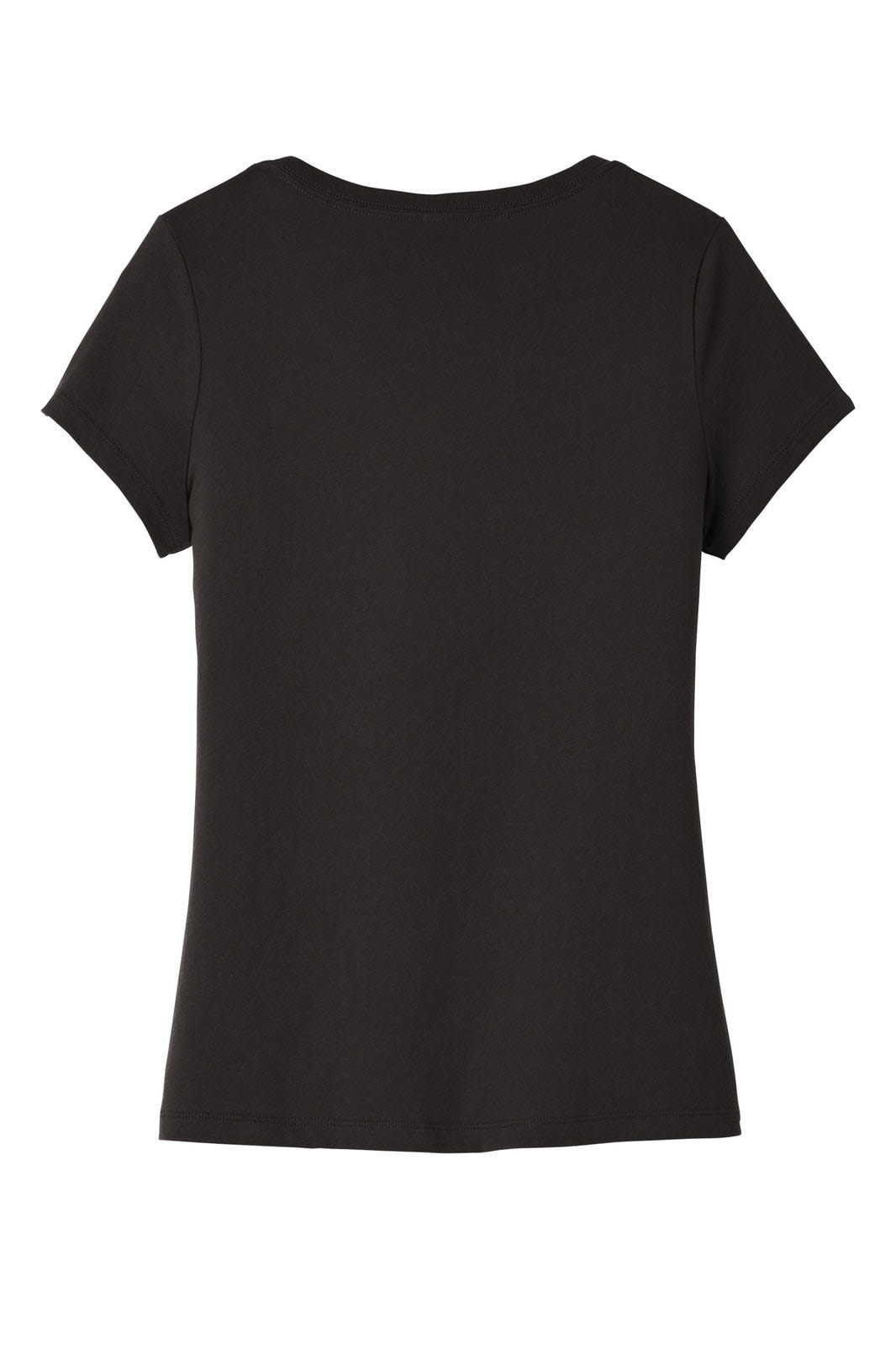 A black V-neck women's t-shirt with short sleeves, featuring a simple design and no visible branding.