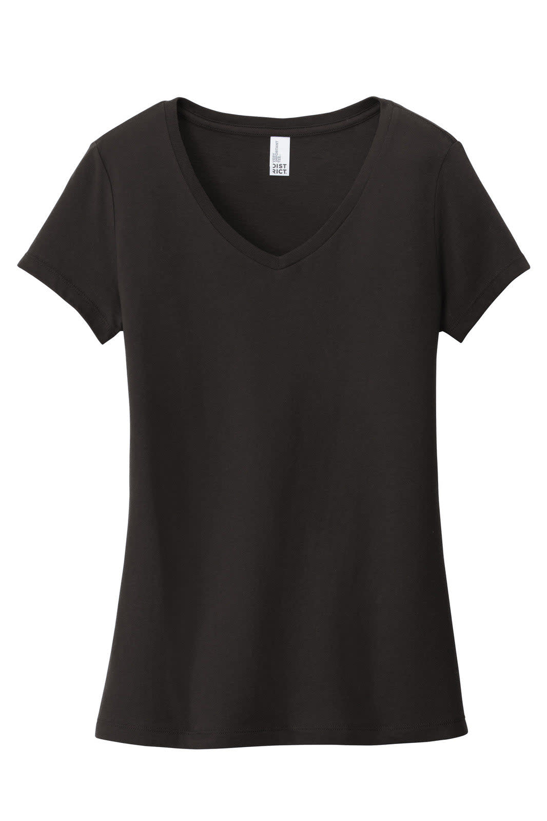 A black V-neck women's t-shirt with short sleeves and a fitted design. It features a label at the neckline.