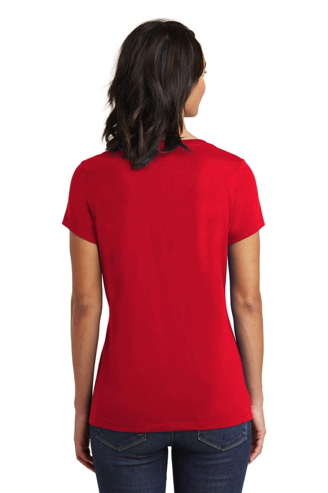A red women's V-neck t-shirt displayed from the back, featuring a fitted design and short sleeves.