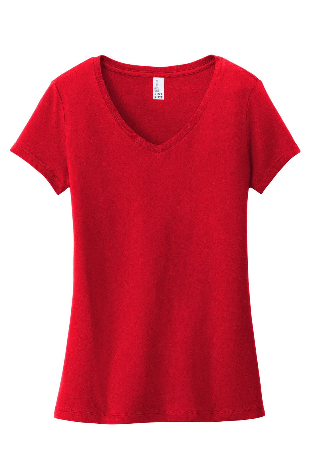 A red V-neck women's T-shirt with short sleeves and a fitted design. It features a label inside at the neckline.