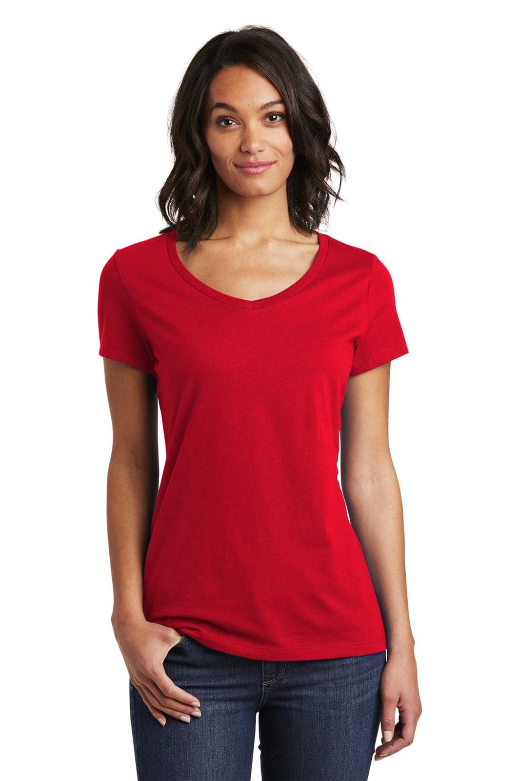 A red women's V-neck t-shirt displayed on a model, featuring short sleeves and a sleek design.