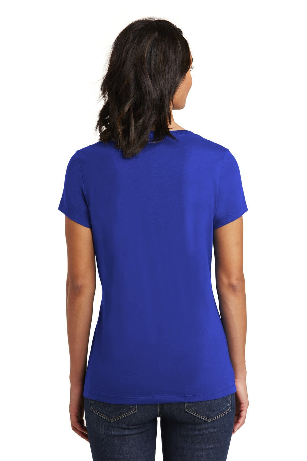 A vibrant blue women's V-neck T-shirt featuring a fitted design, viewed from the back.