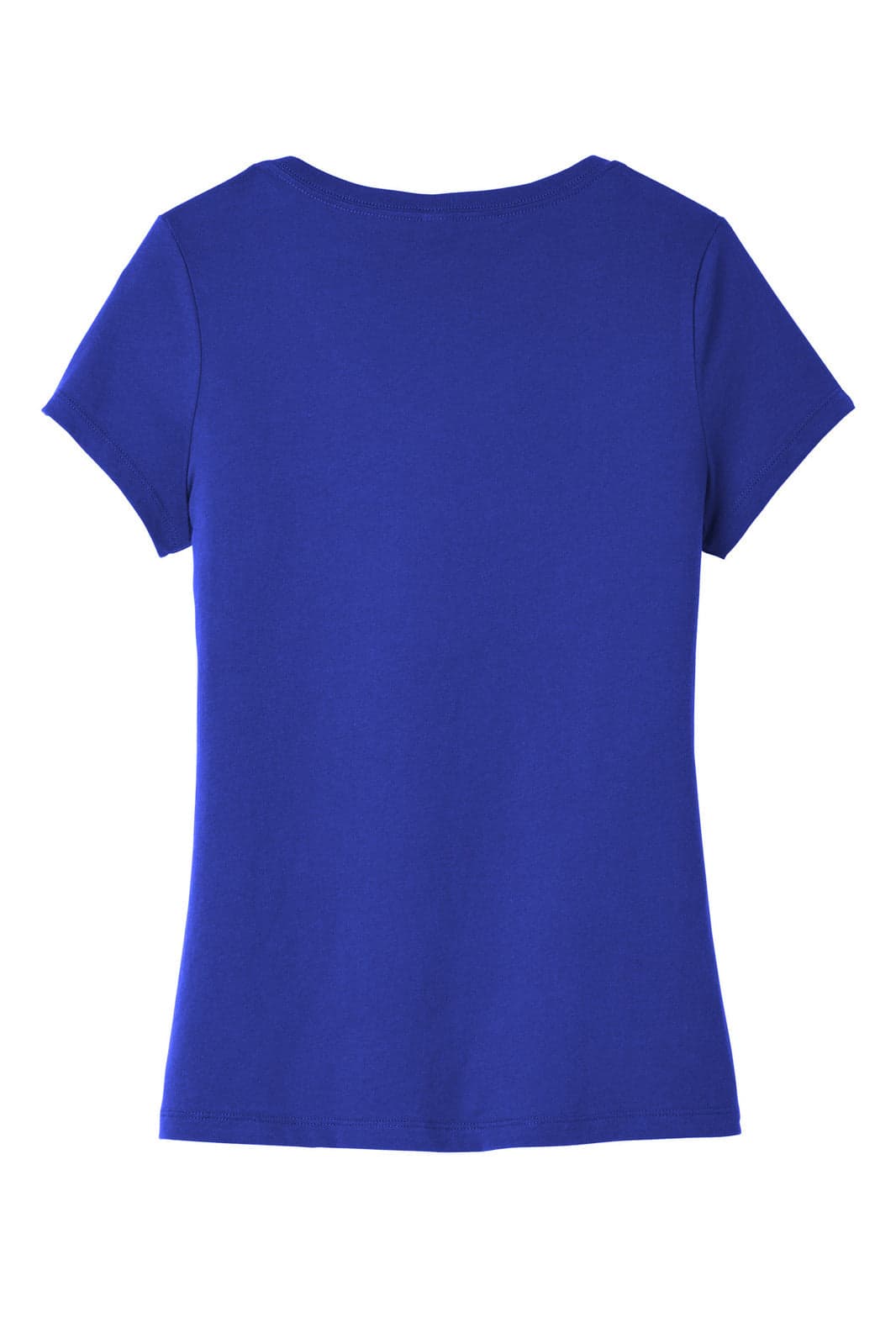 A blue V-neck t-shirt with short sleeves, featuring a branding logo on the back.