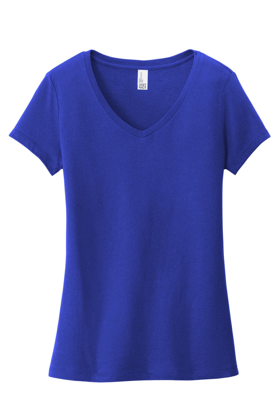 A blue V-neck women's T-shirt with short sleeves and a fitted design, featuring a brand label.