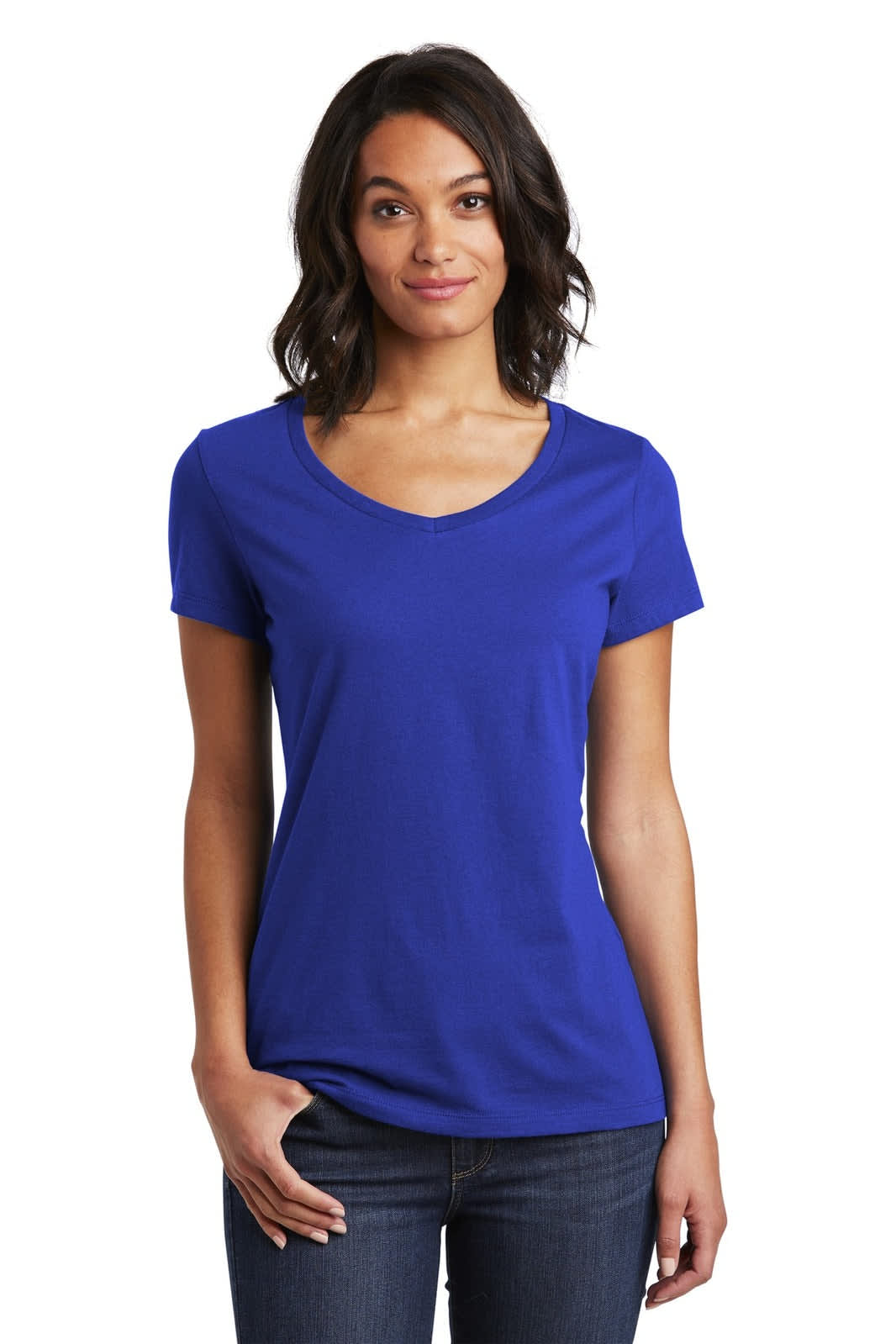 A blue V-neck T-shirt designed for women, featuring short sleeves and a fitted silhouette. It has a logo.
