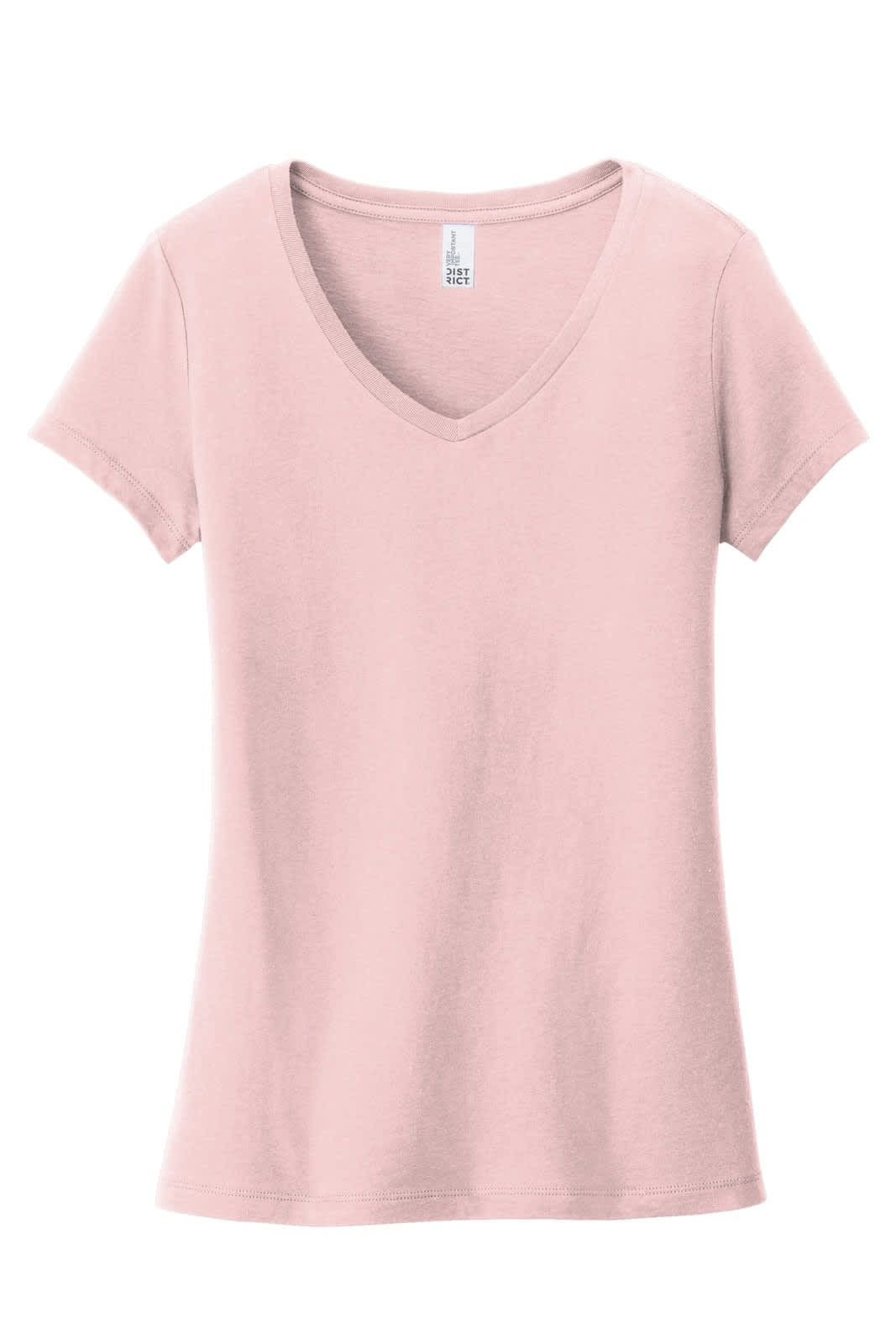 A pink V-neck women's t-shirt with short sleeves and a fitted design. Features a branding label inside the neck.