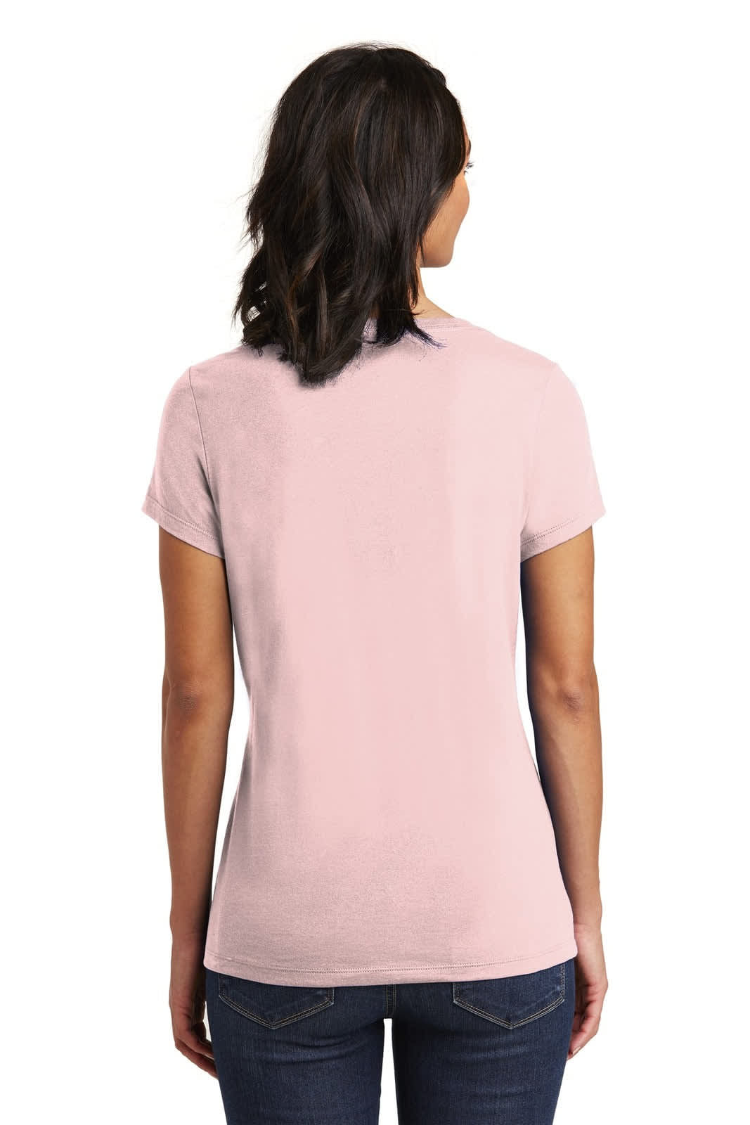 A light pink women's v-neck t-shirt, showcasing a fitted design from the back, with a brand logo visible.