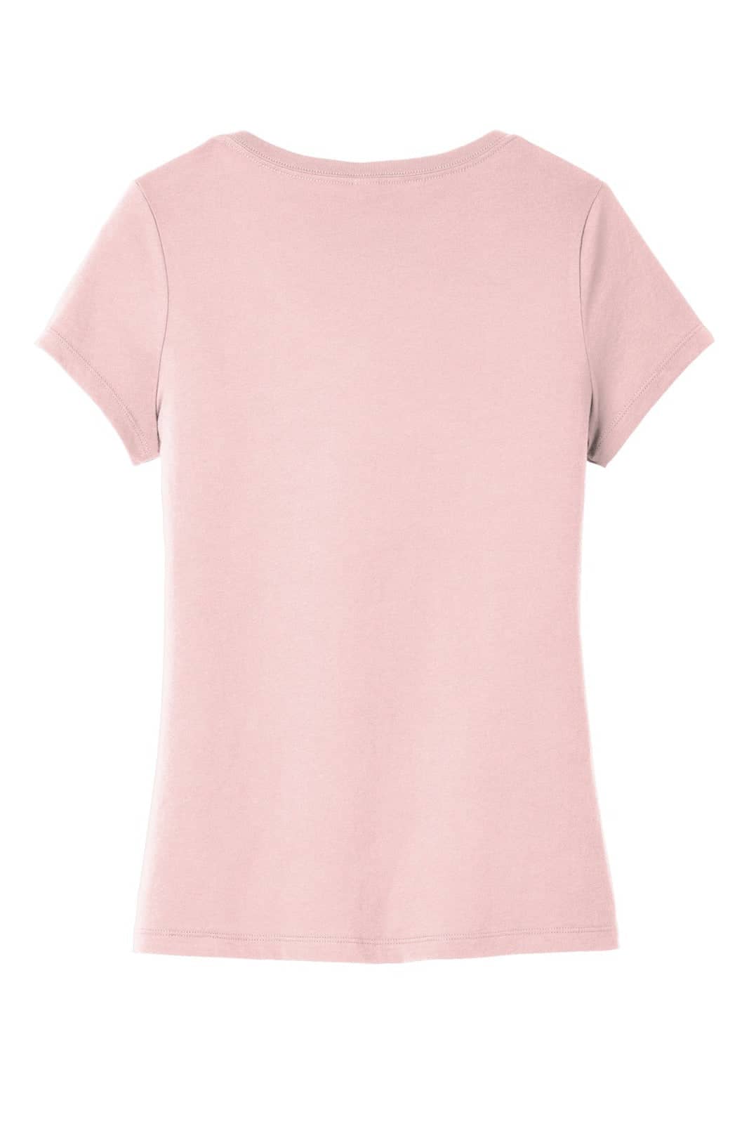 A pink women's V-neck T-shirt featuring short sleeves and a simple design, with a logo on the back.