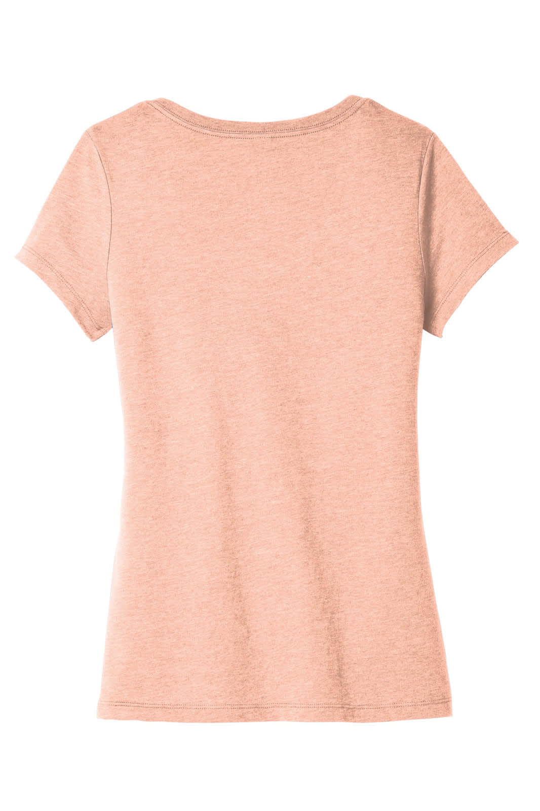 A light pink women's T-shirt with a V-neck and short sleeves, featuring a logo on the back.