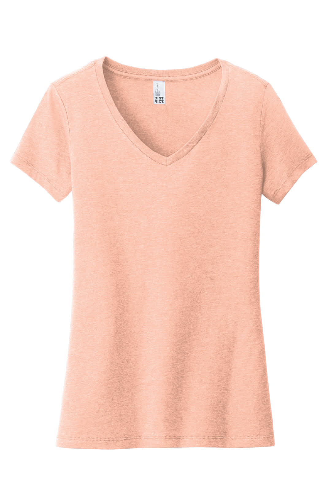 A peach V-neck t-shirt with short sleeves, featuring a label and a branding logo.