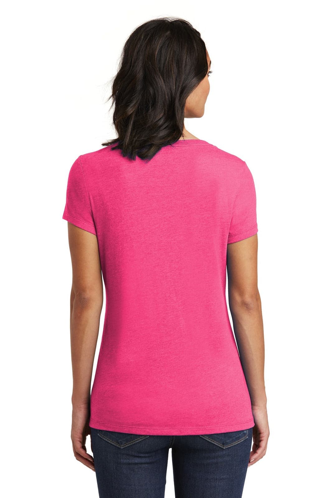 A pink v-neck t-shirt for women, featuring a fitted design and short sleeves, with a logo on the back.