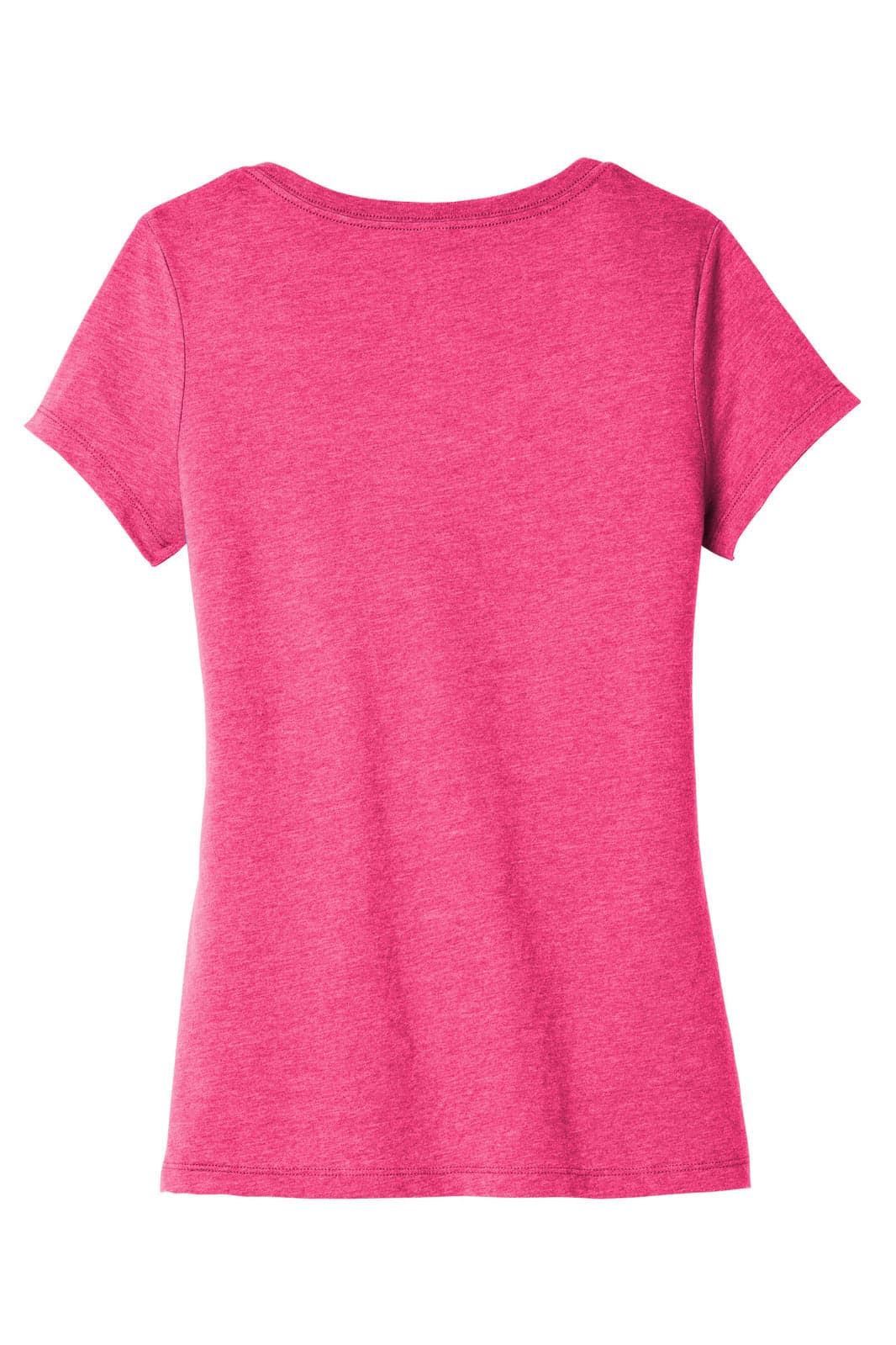 A pink women's V-neck T-shirt with short sleeves and a fitted design, featuring a logo on the back.