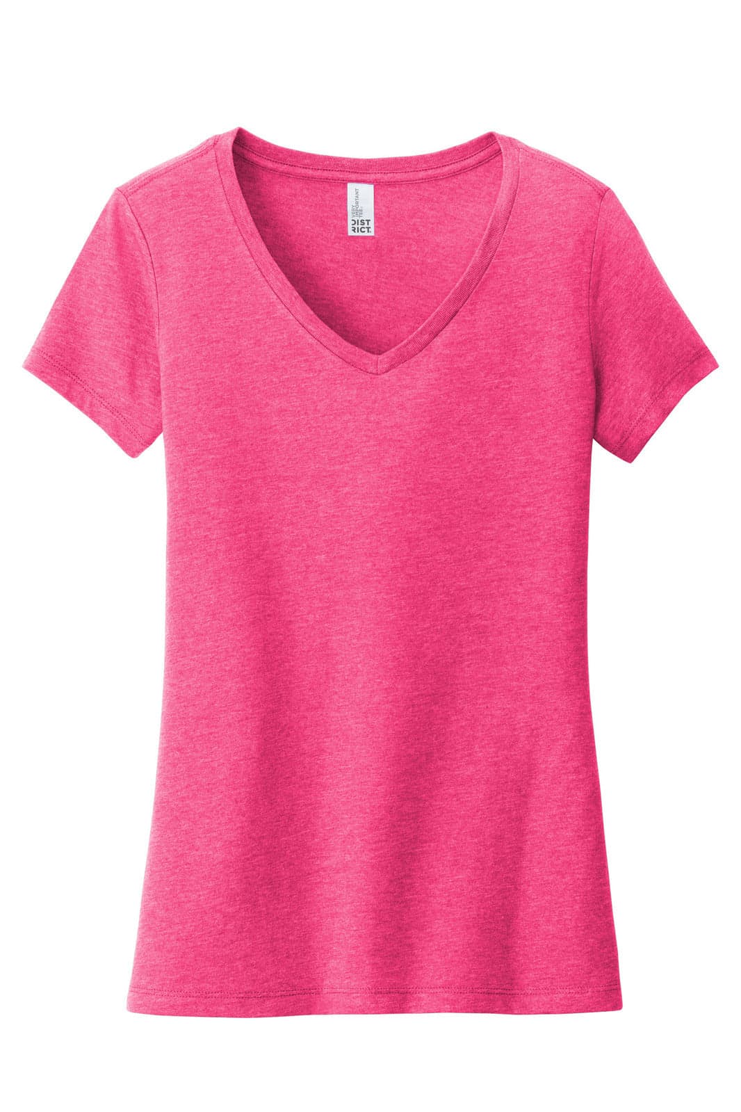A pink V-neck women's T-shirt made of soft fabric, featuring a fitted style and short sleeves.