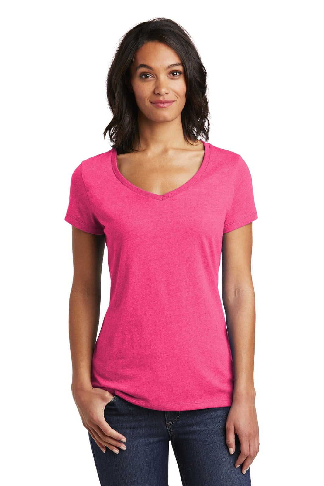 A pink V-neck t-shirt for women, featuring short sleeves and a fitted design. Includes a logo on the shirt.